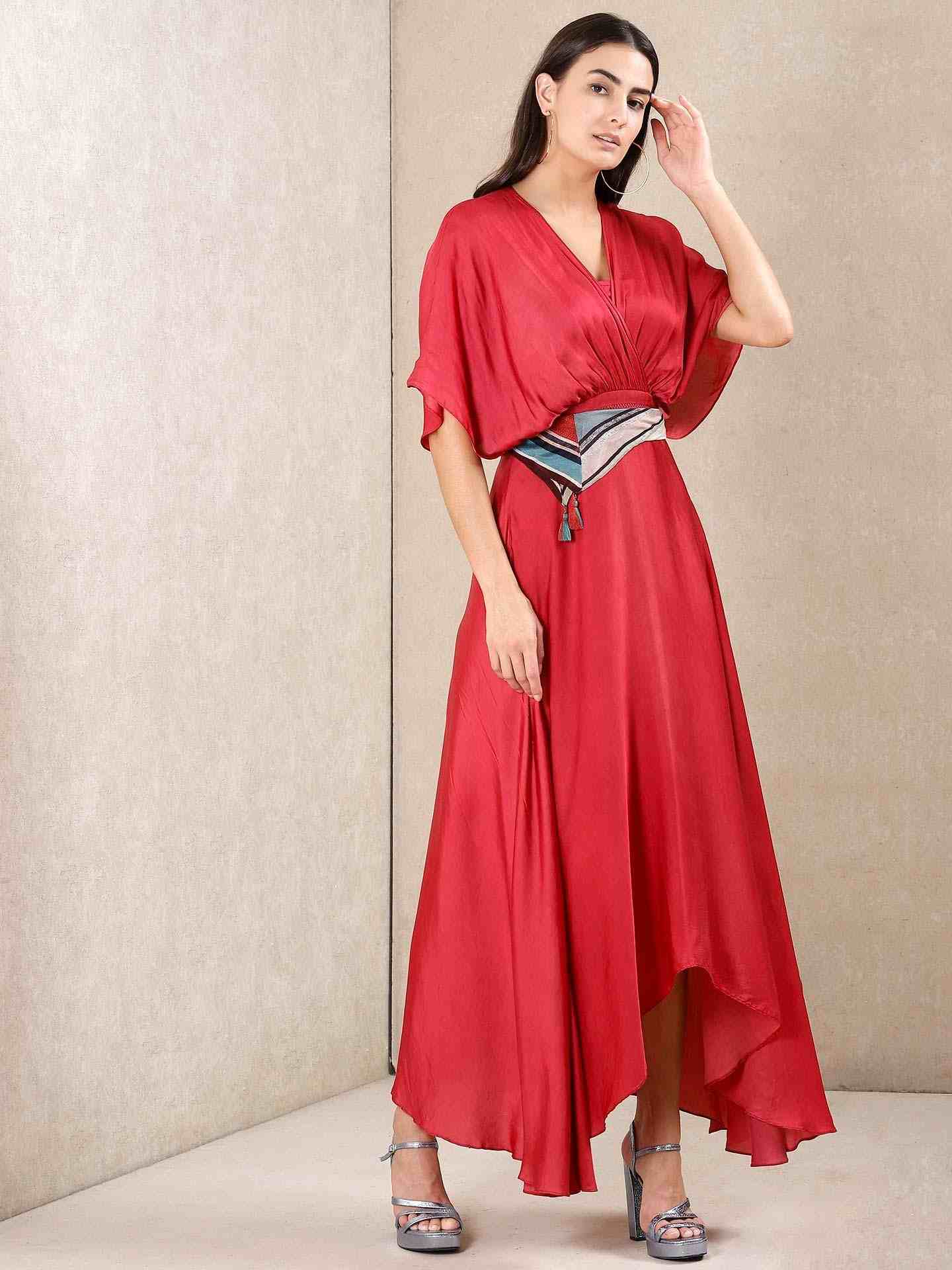 Red Tribal Puzzle Solid Kaftan Dress