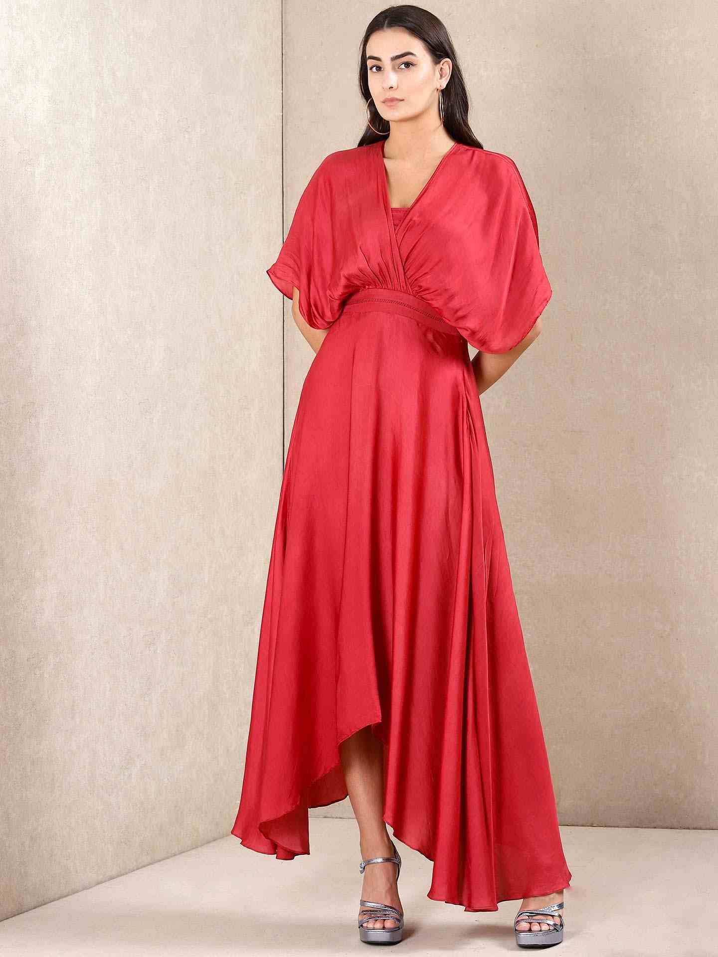 Red Tribal Puzzle Solid Kaftan Dress