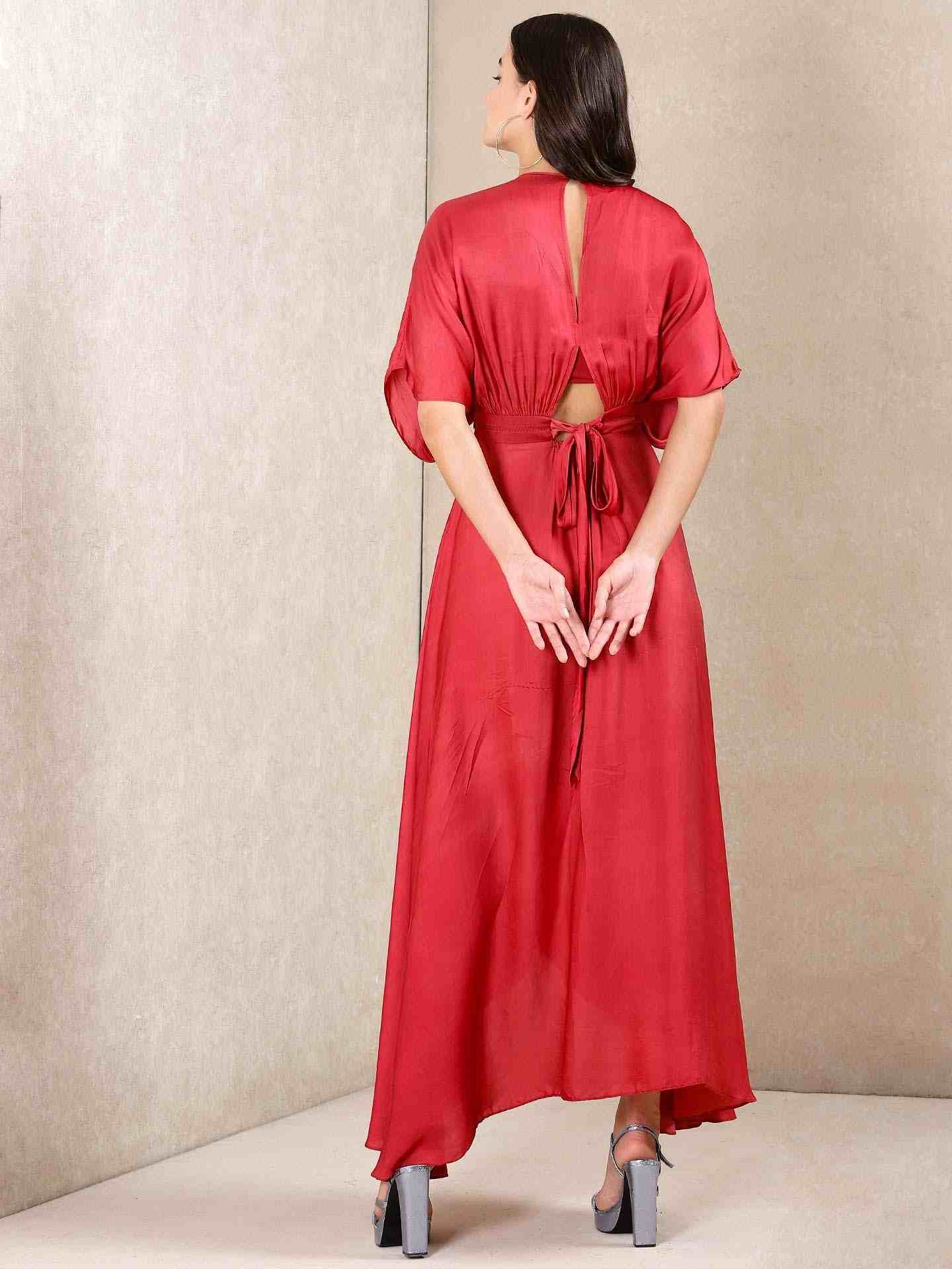 Red Tribal Puzzle Solid Kaftan Dress