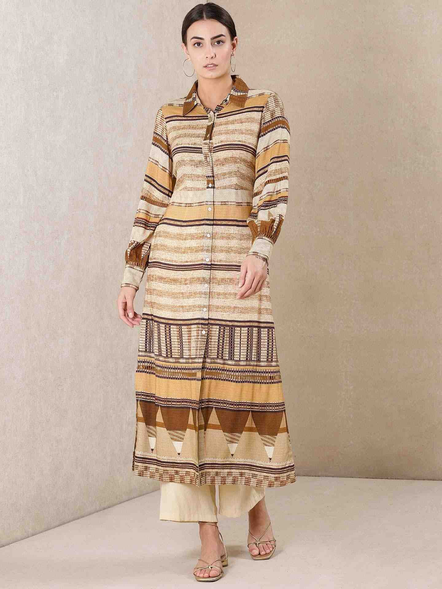 Beige Denim Stripe Kurta Set