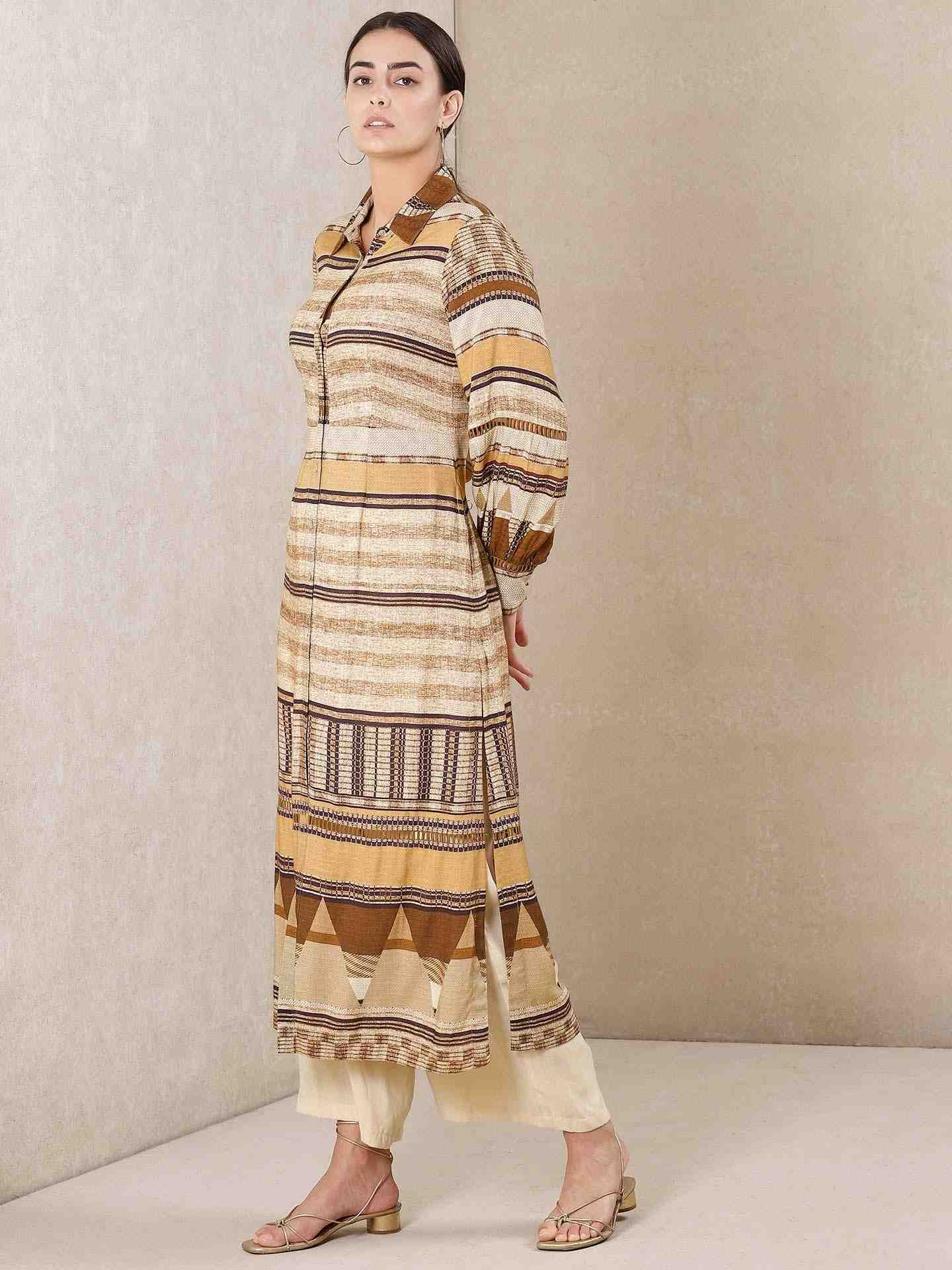 Beige Denim Stripe Kurta Set