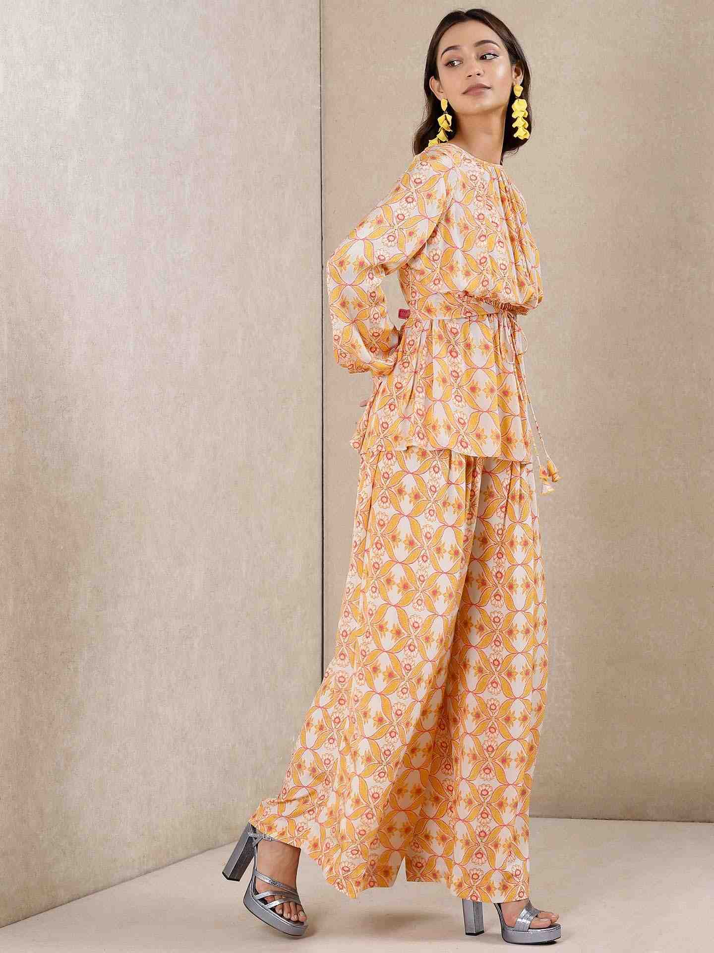 Orange Applique Flora Crepe Suit Set