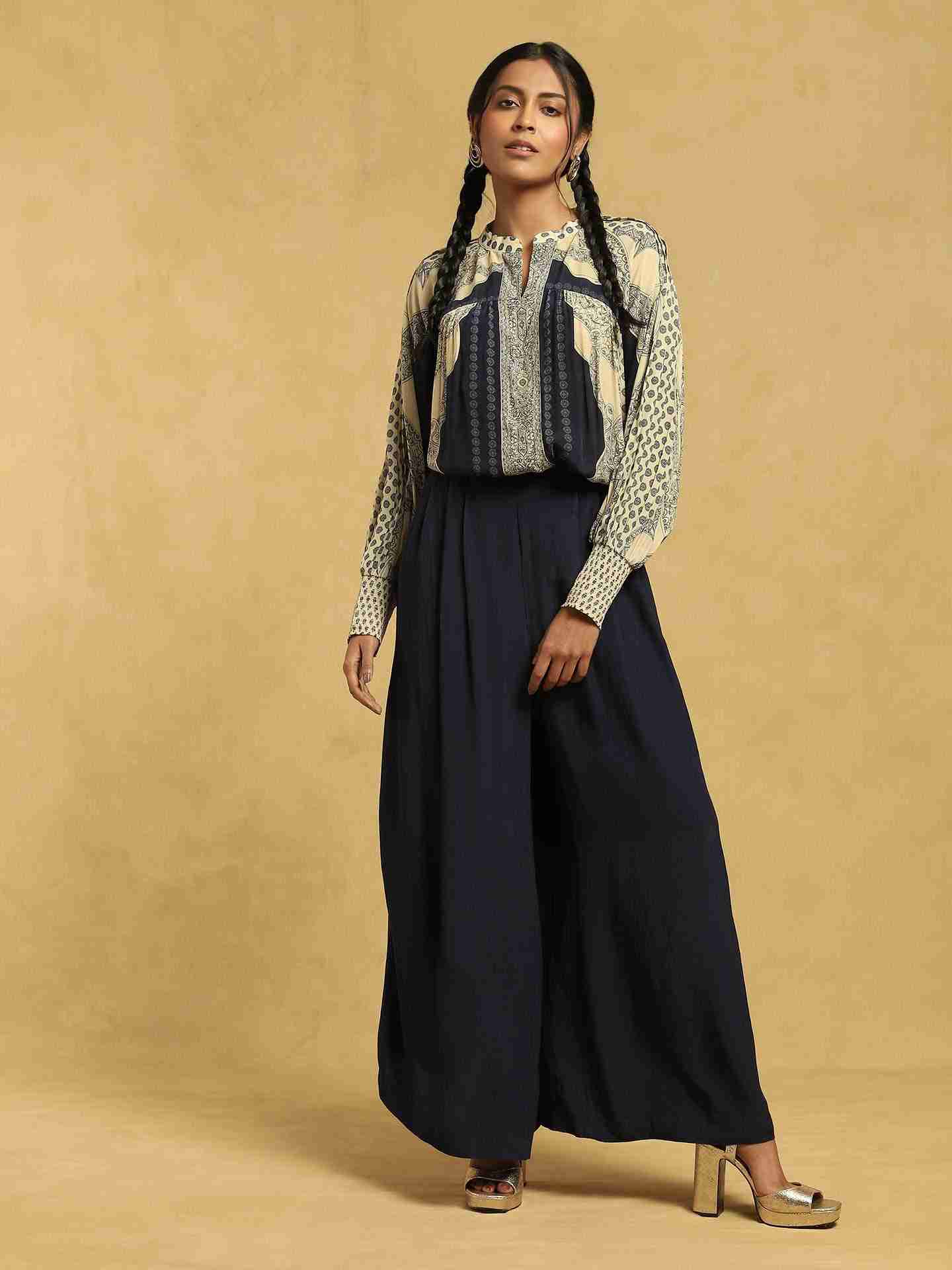 Blue Mono Paisley Crepe Co-Ord Set