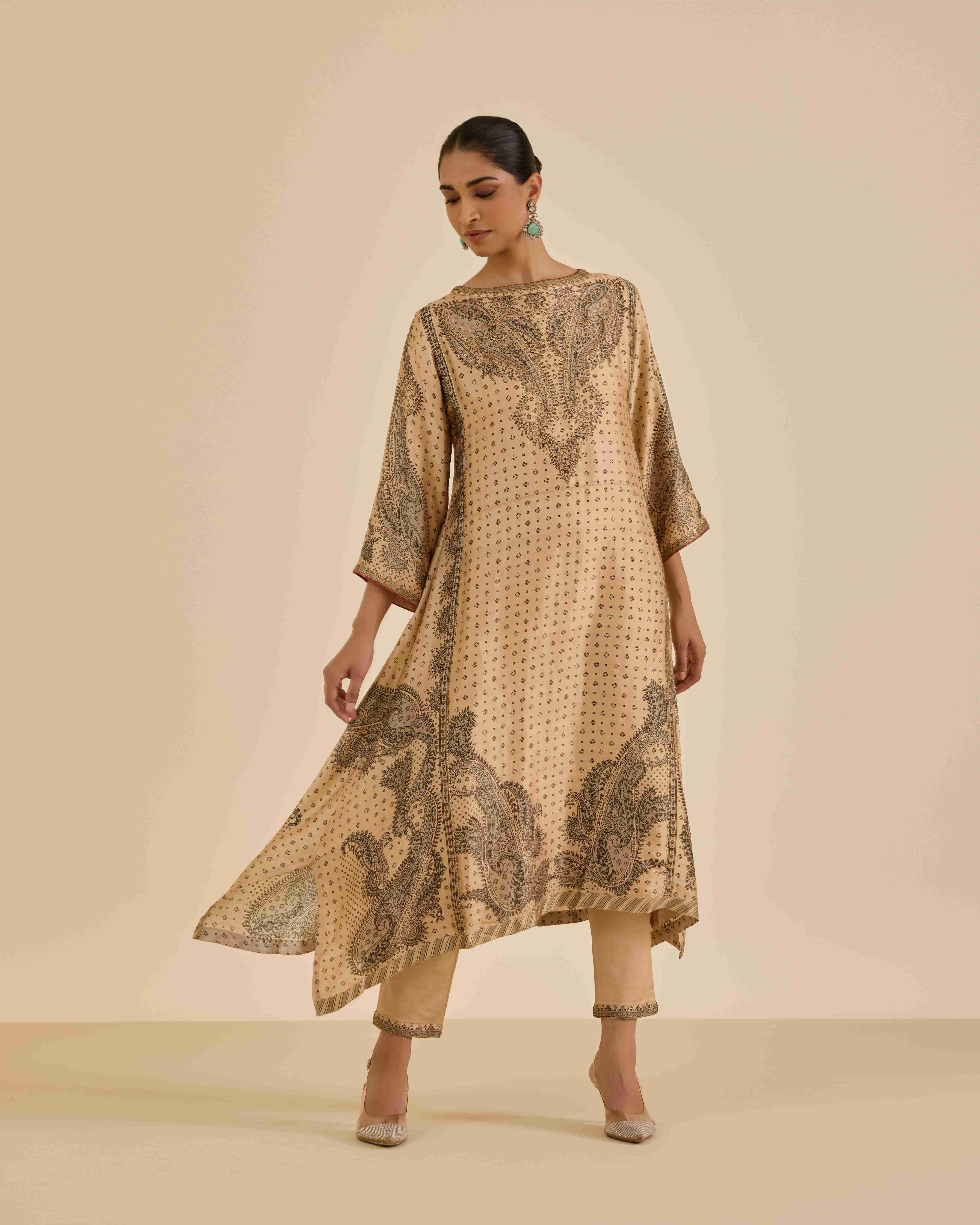 Beige & Black Dancing Paisley Suit Set