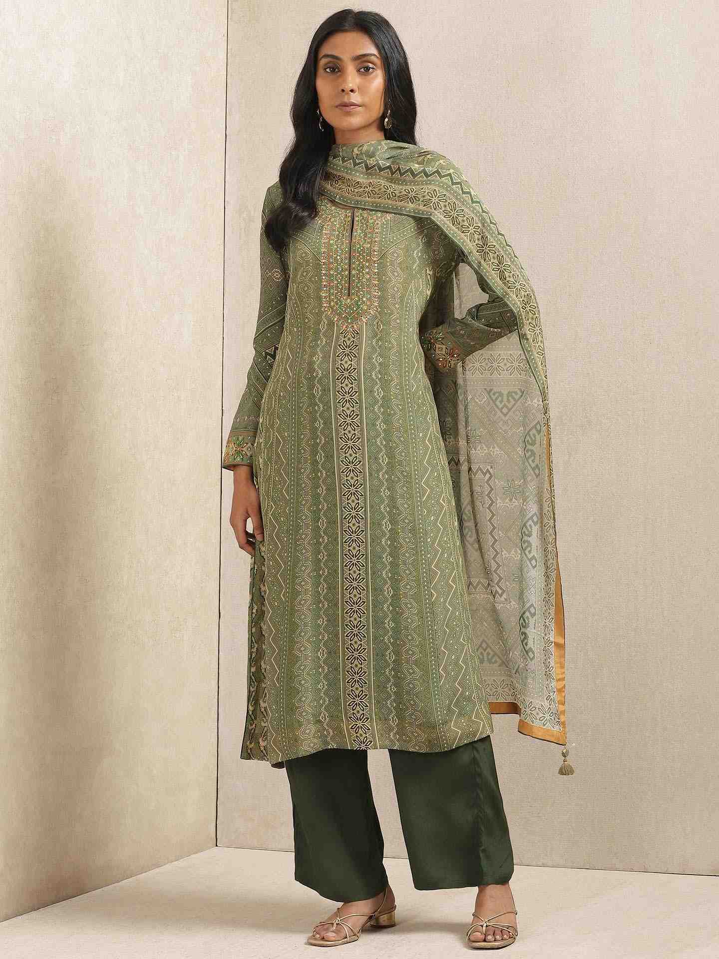 Olive Green & Beige Salya Crepe Suit Set