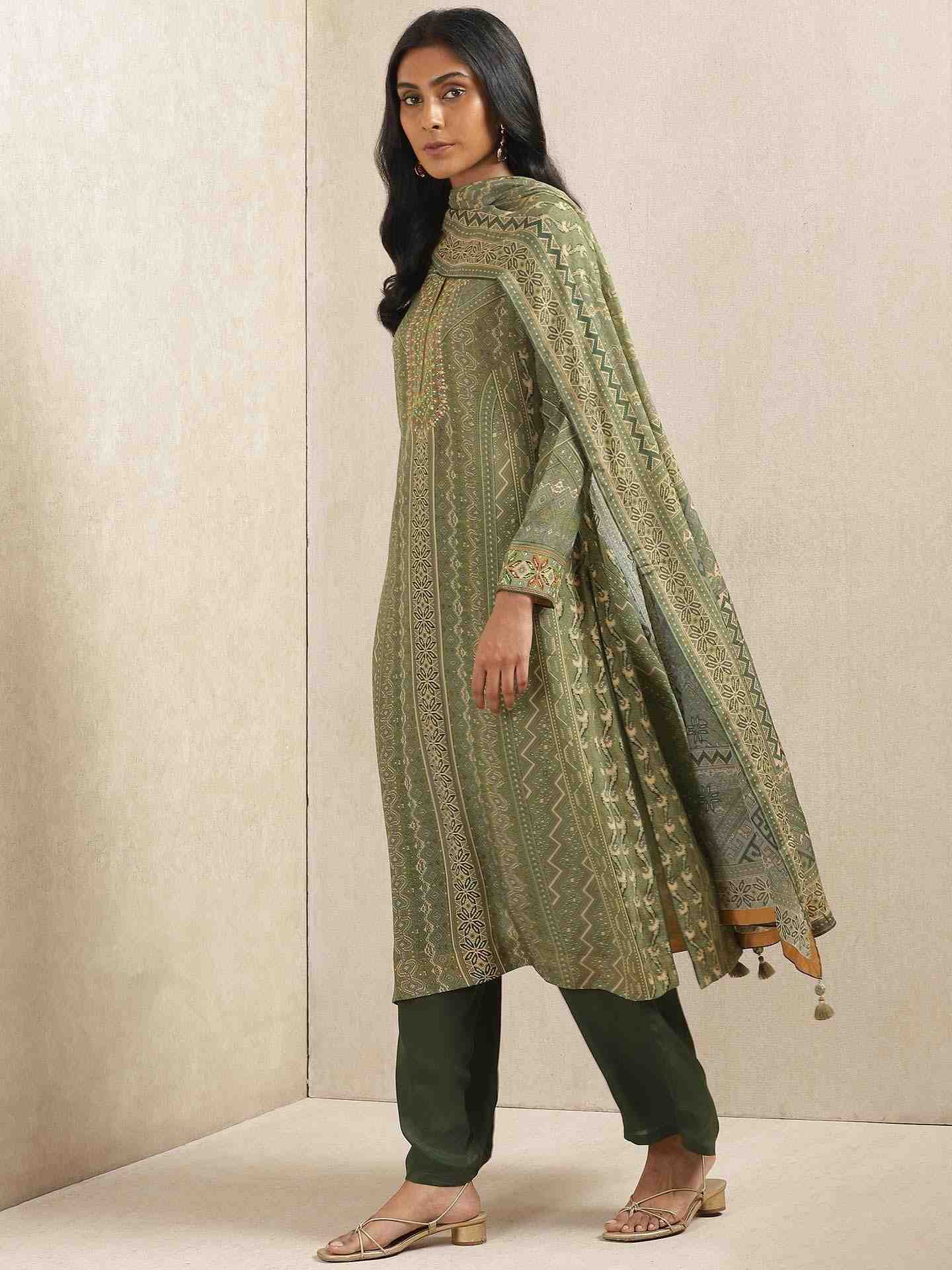 Olive Green & Beige Salya Crepe Suit Set