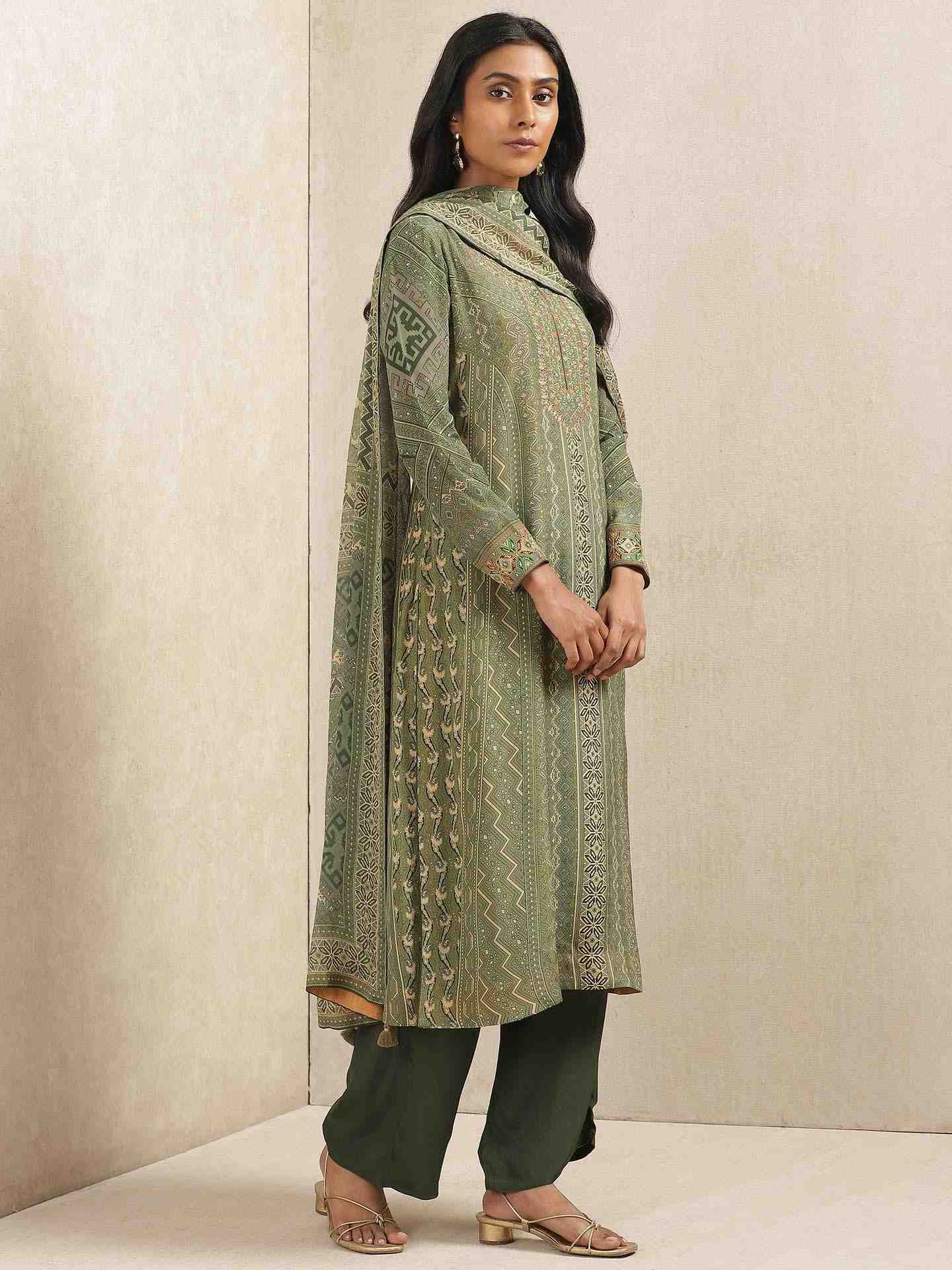 Olive Green & Beige Salya Crepe Suit Set