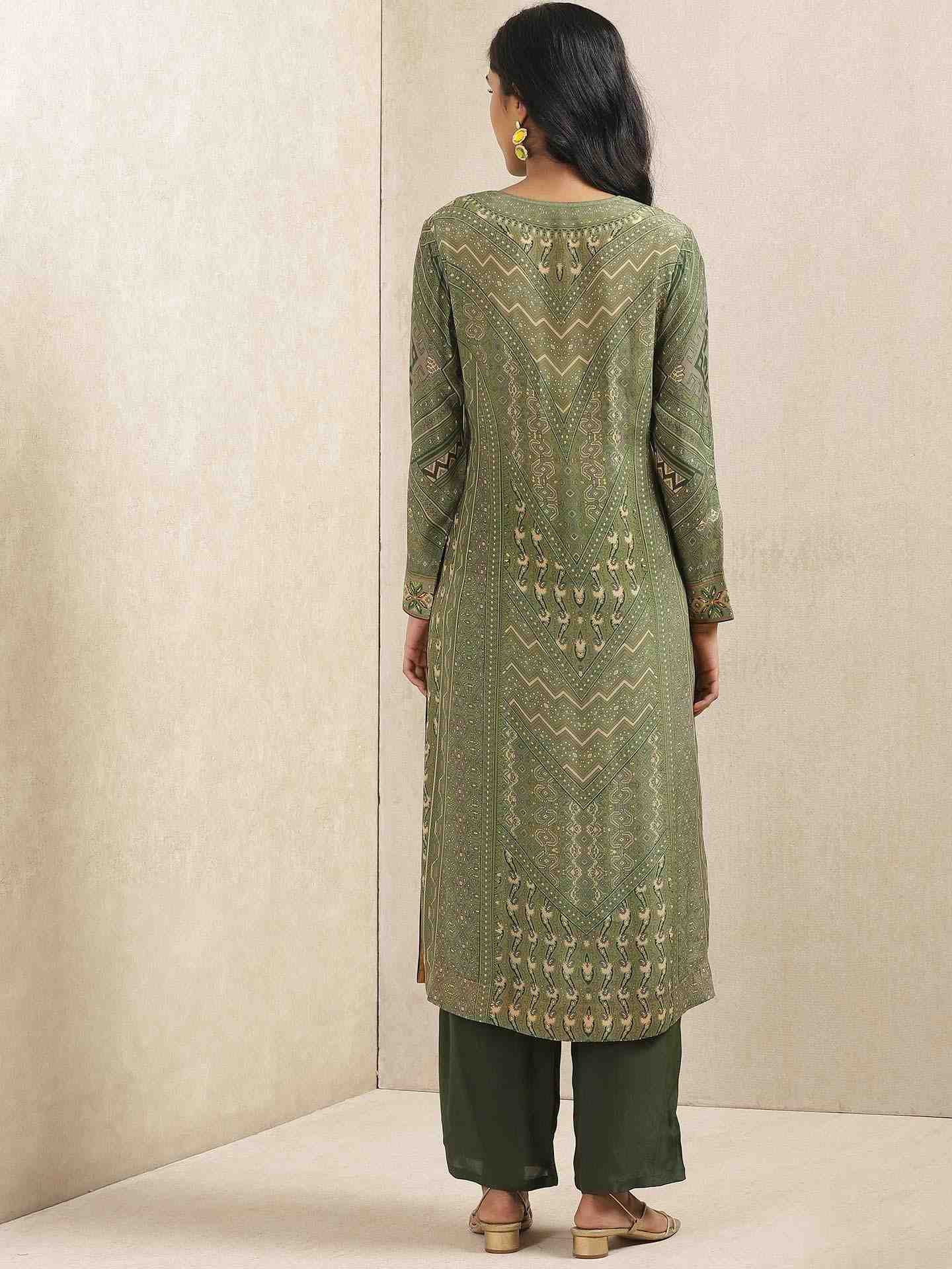 Olive Green & Beige Salya Crepe Suit Set
