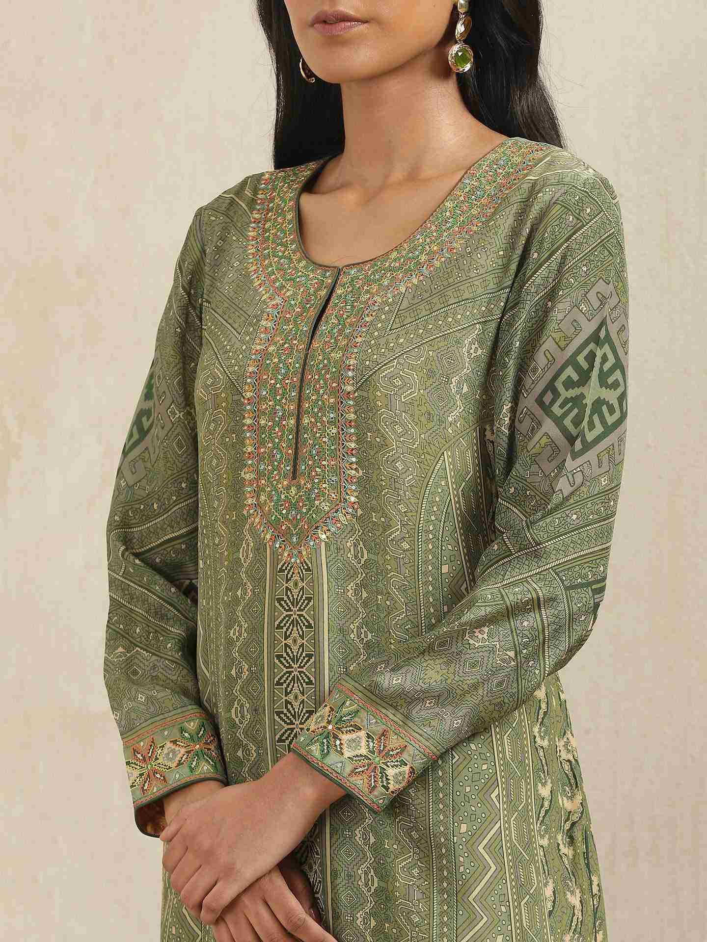 Olive Green & Beige Salya Crepe Suit Set
