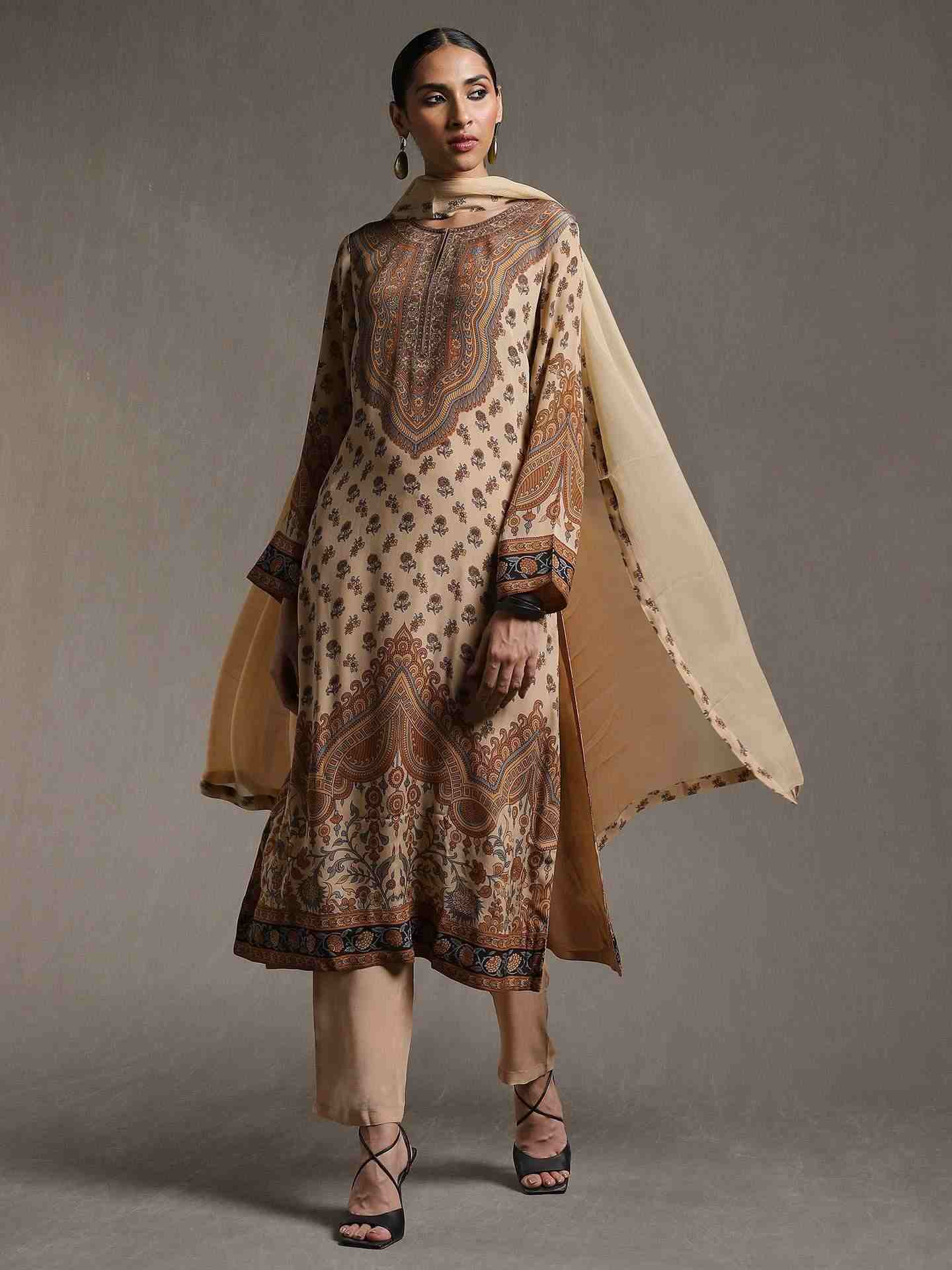Beige & Brown Kailashan Crepe Suit Set