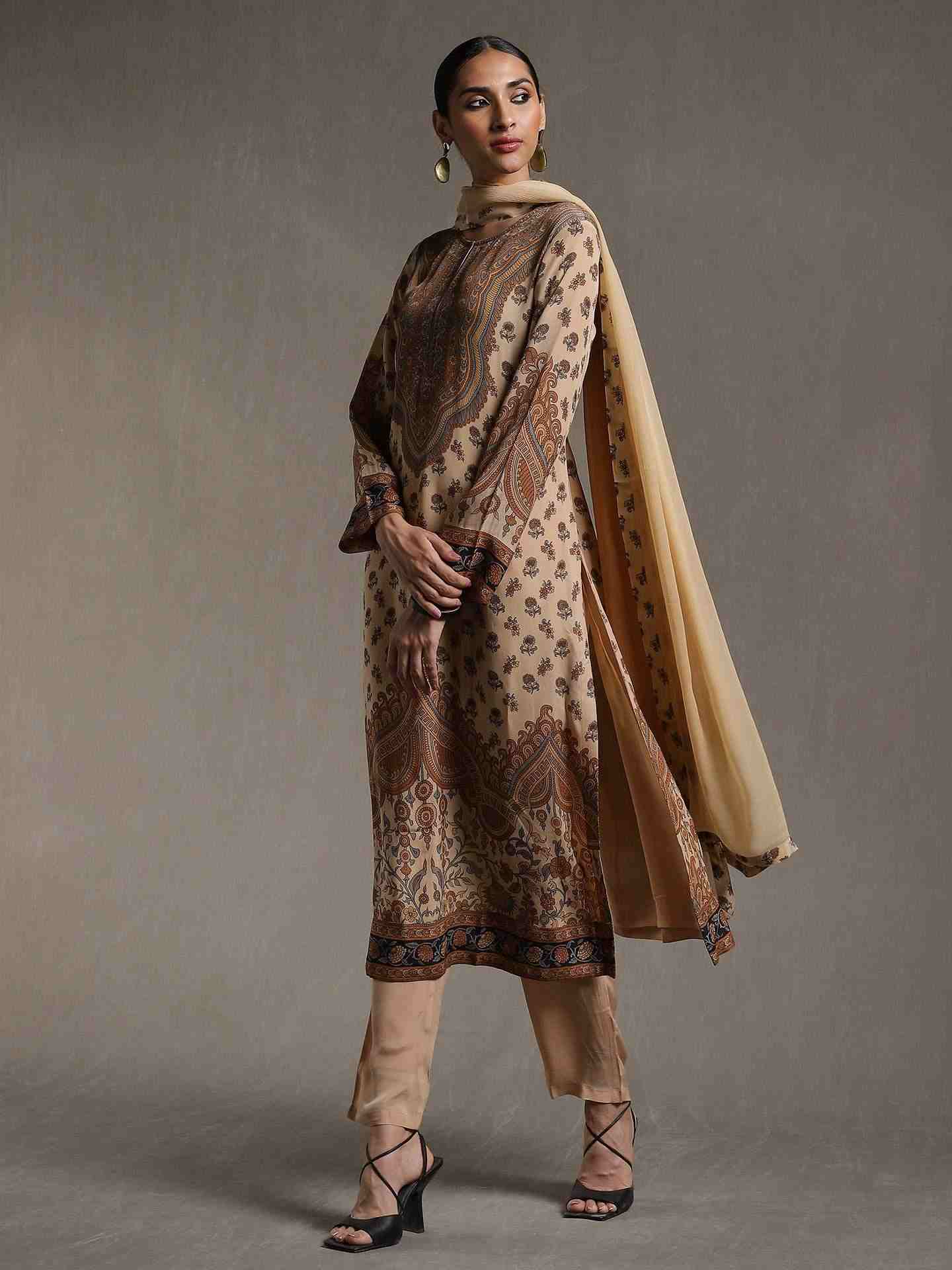 Beige & Brown Kailashan Crepe Suit Set