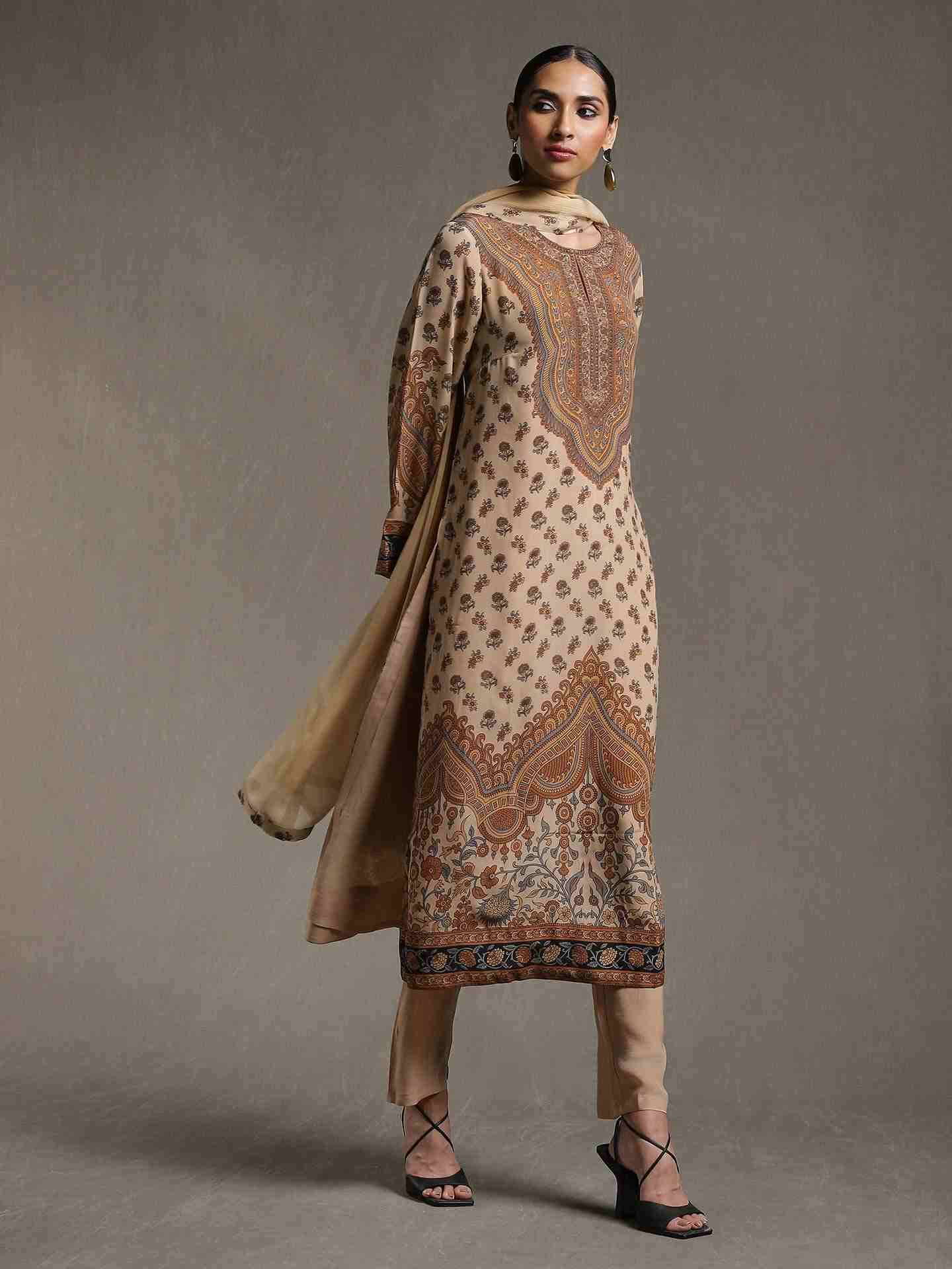 Beige & Brown Kailashan Crepe Suit Set