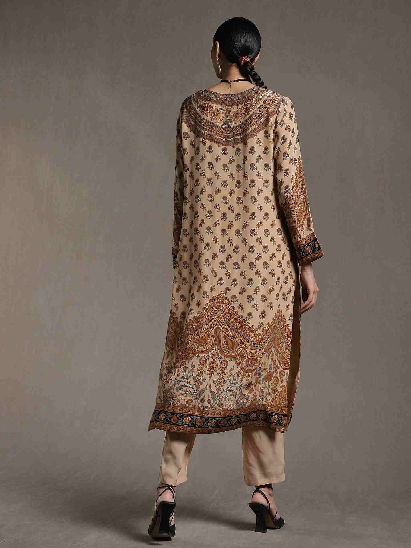 Beige & Brown Kailashan Crepe Suit Set
