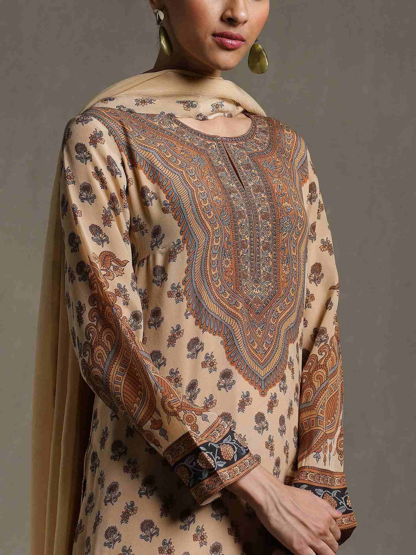 Beige & Brown Kailashan Crepe Suit Set