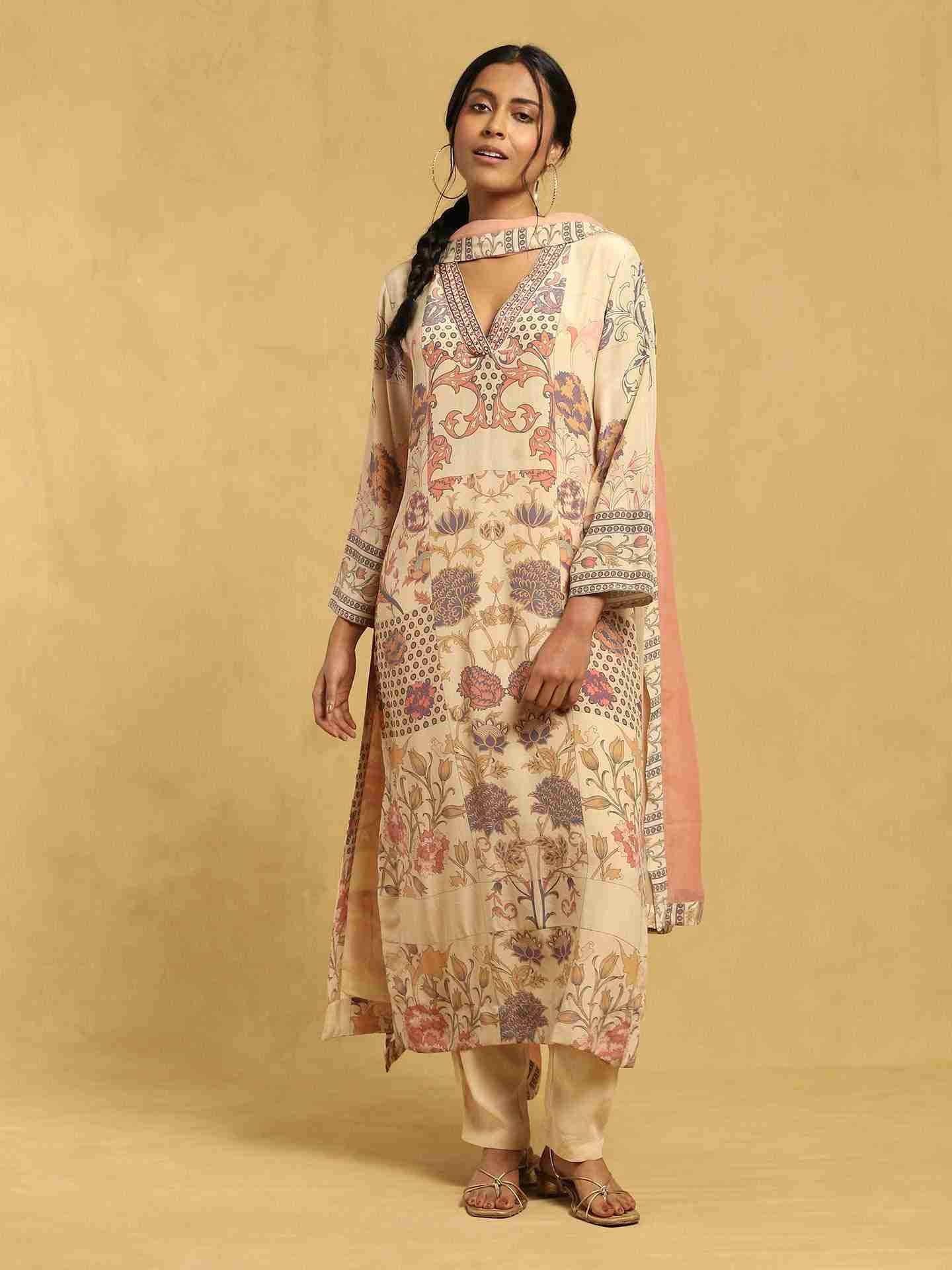 Ecru Calico Crepe Suit Set