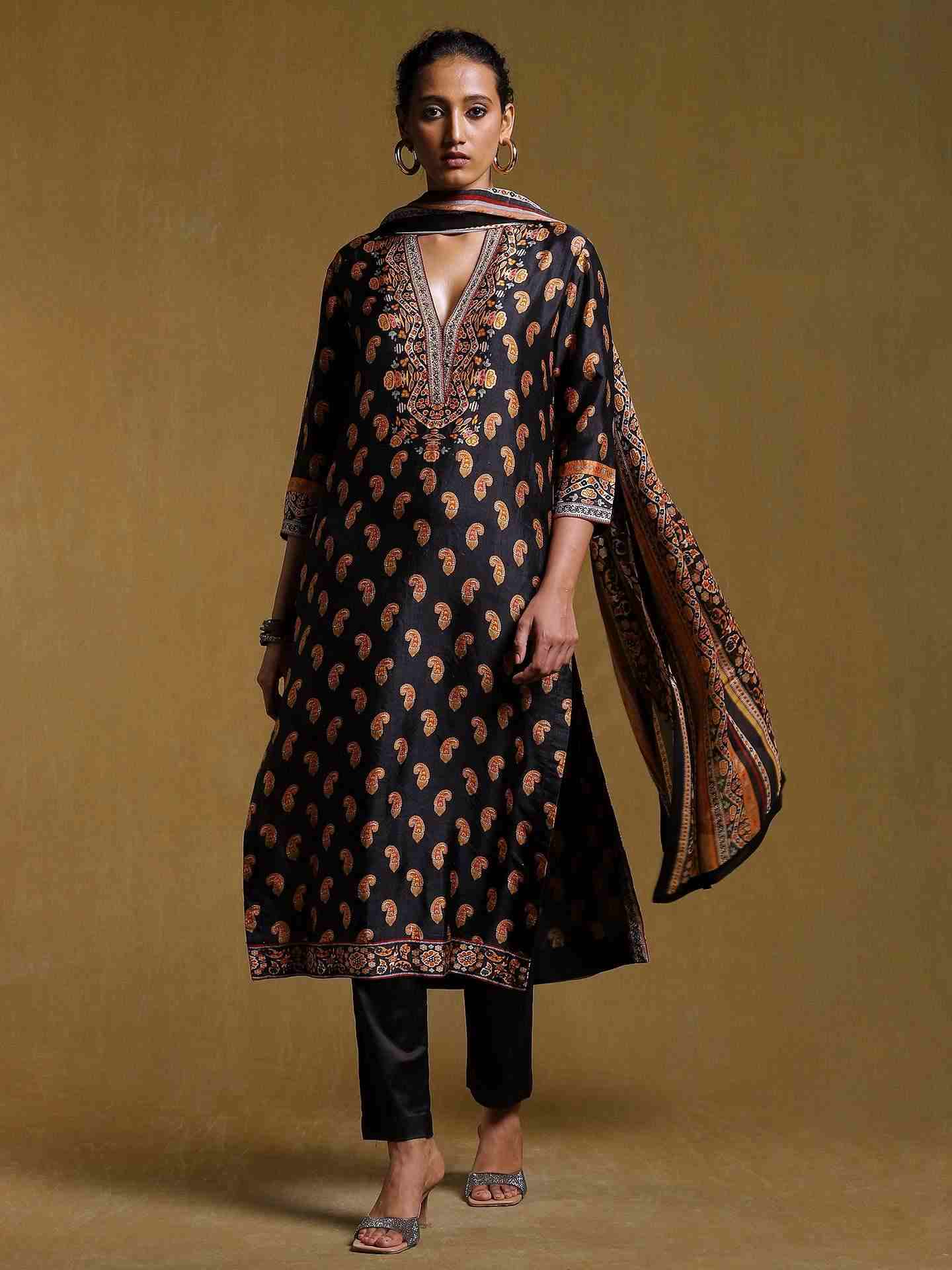 Black & Multi-Color Chamba Suit Set