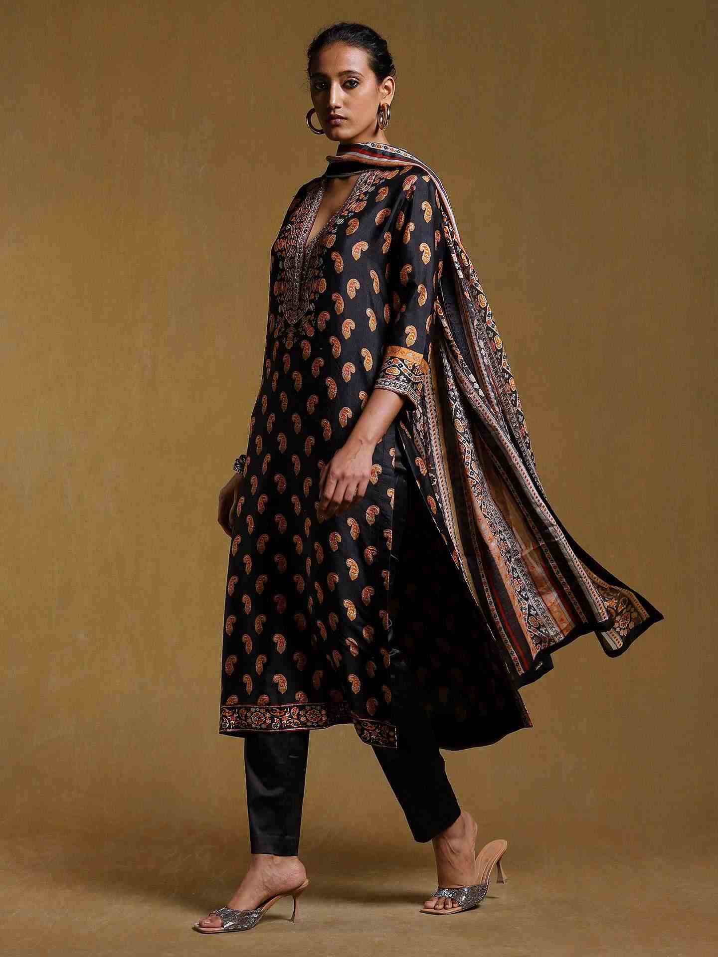 Black & Multi-Color Chamba Suit Set