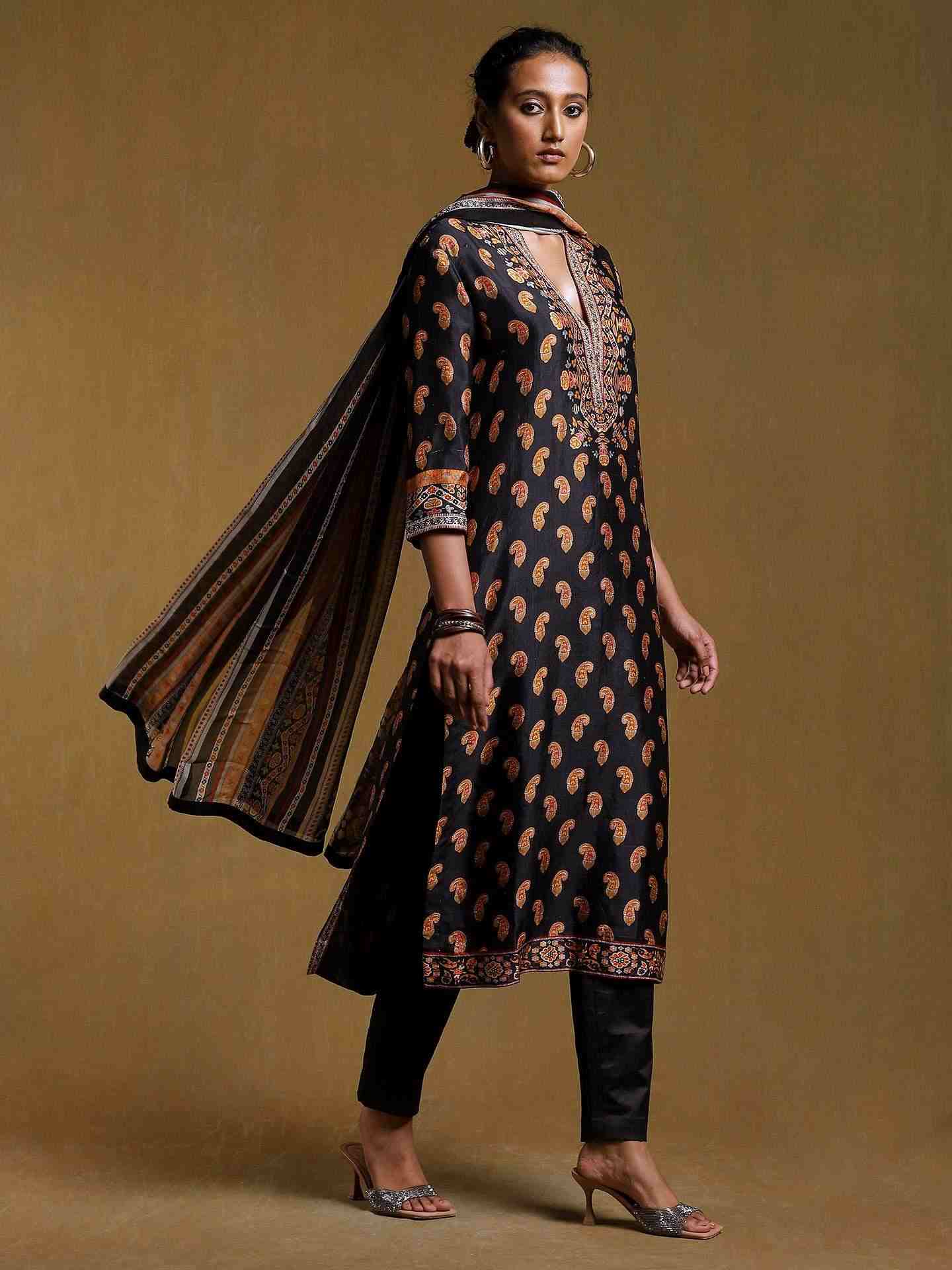 Black & Multi-Color Chamba Suit Set