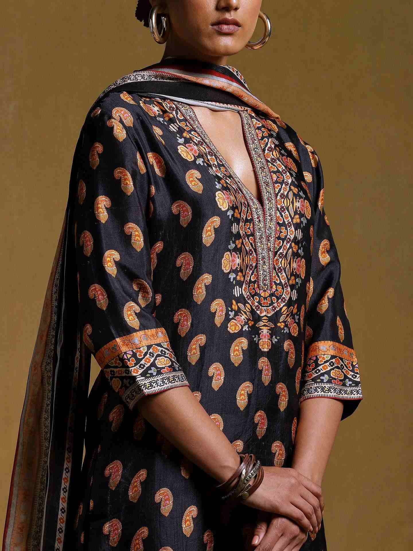Black & Multi-Color Chamba Suit Set