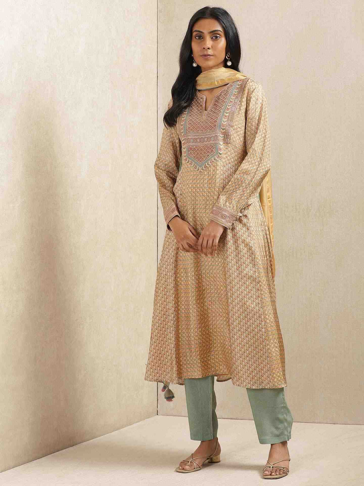 Beige & Khaki Zeeni Suit Set
