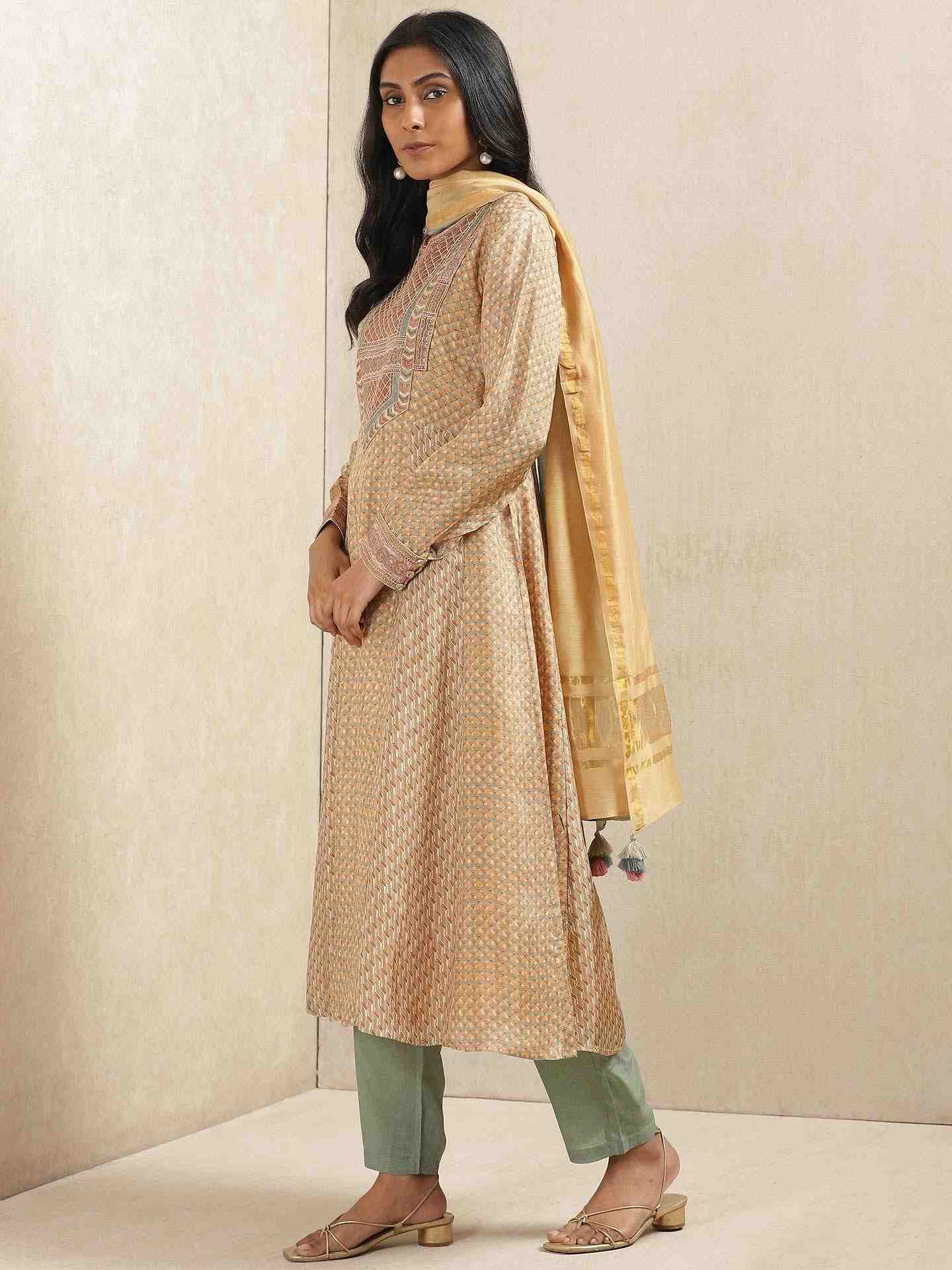 Beige & Khaki Zeeni Suit Set