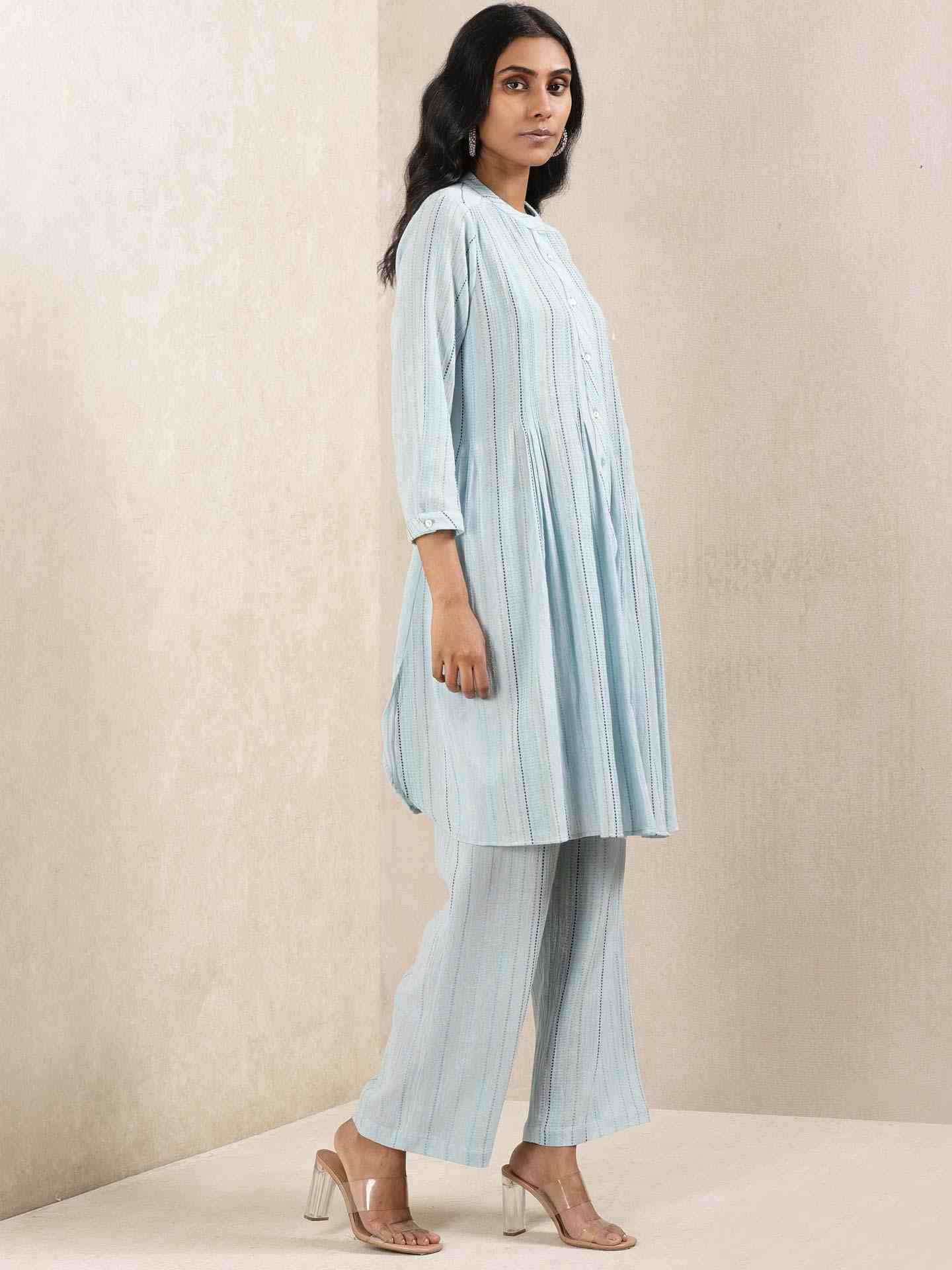 Blue Quint Yarn-Dyed Cotton Suit Set