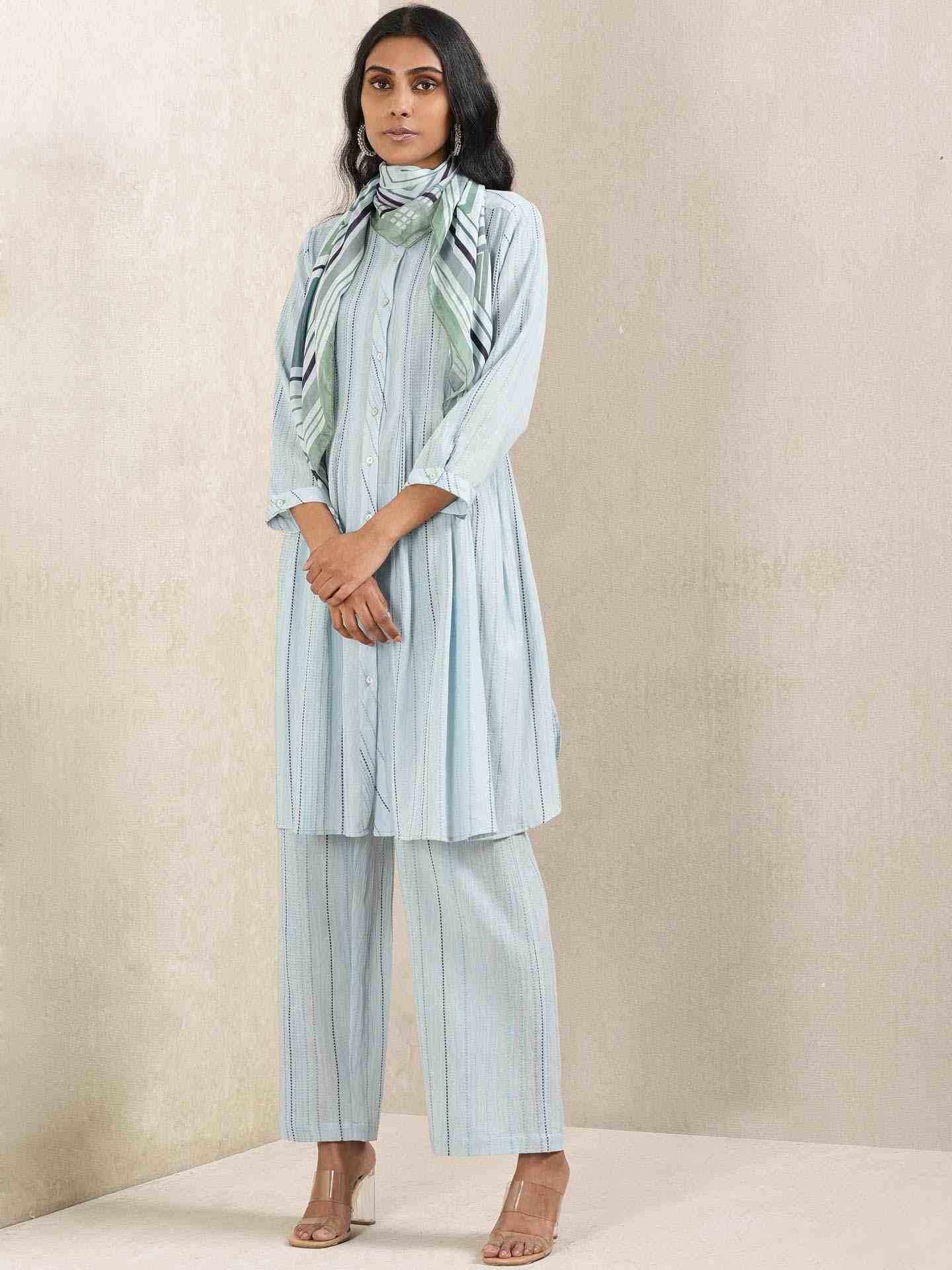 Blue Quint Yarn-Dyed Cotton Suit Set