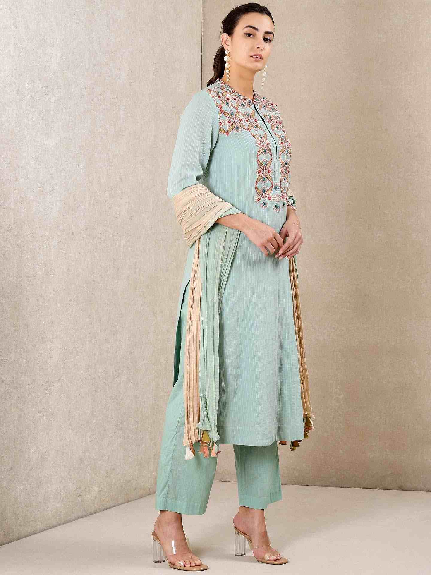 Aqua Blue Applique Flora Cotton Suit Set