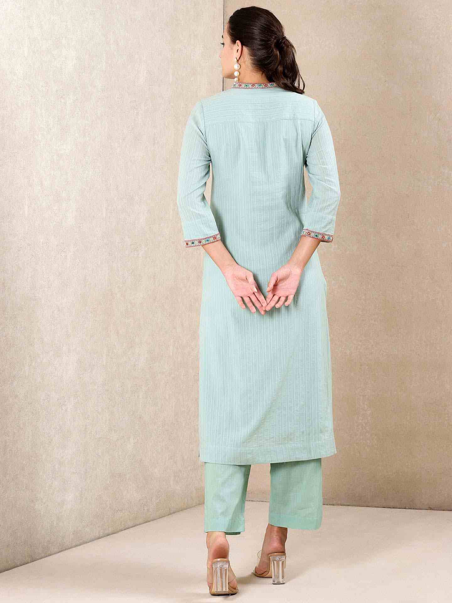 Aqua Blue Applique Flora Cotton Suit Set