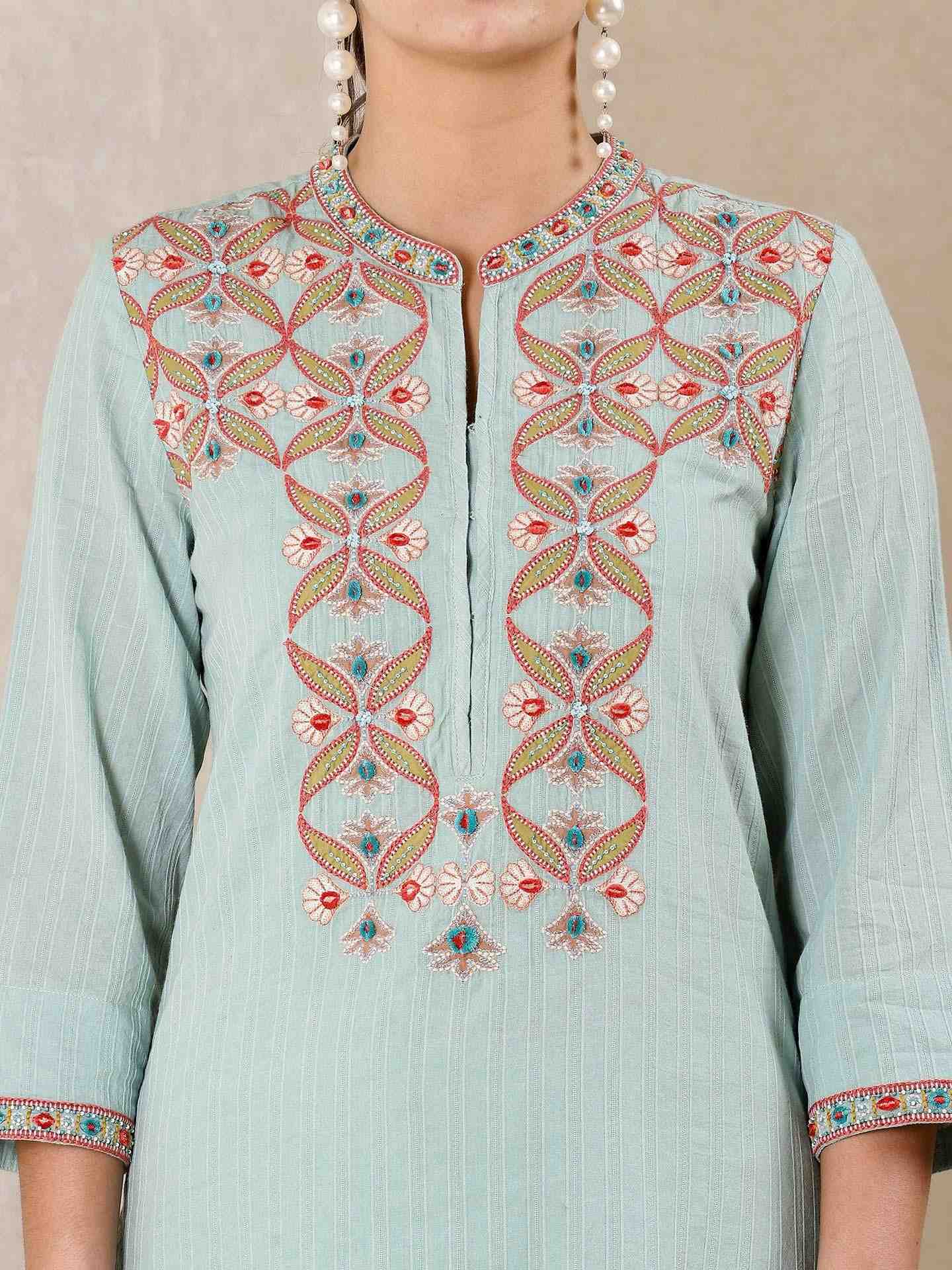 Aqua Blue Applique Flora Cotton Suit Set