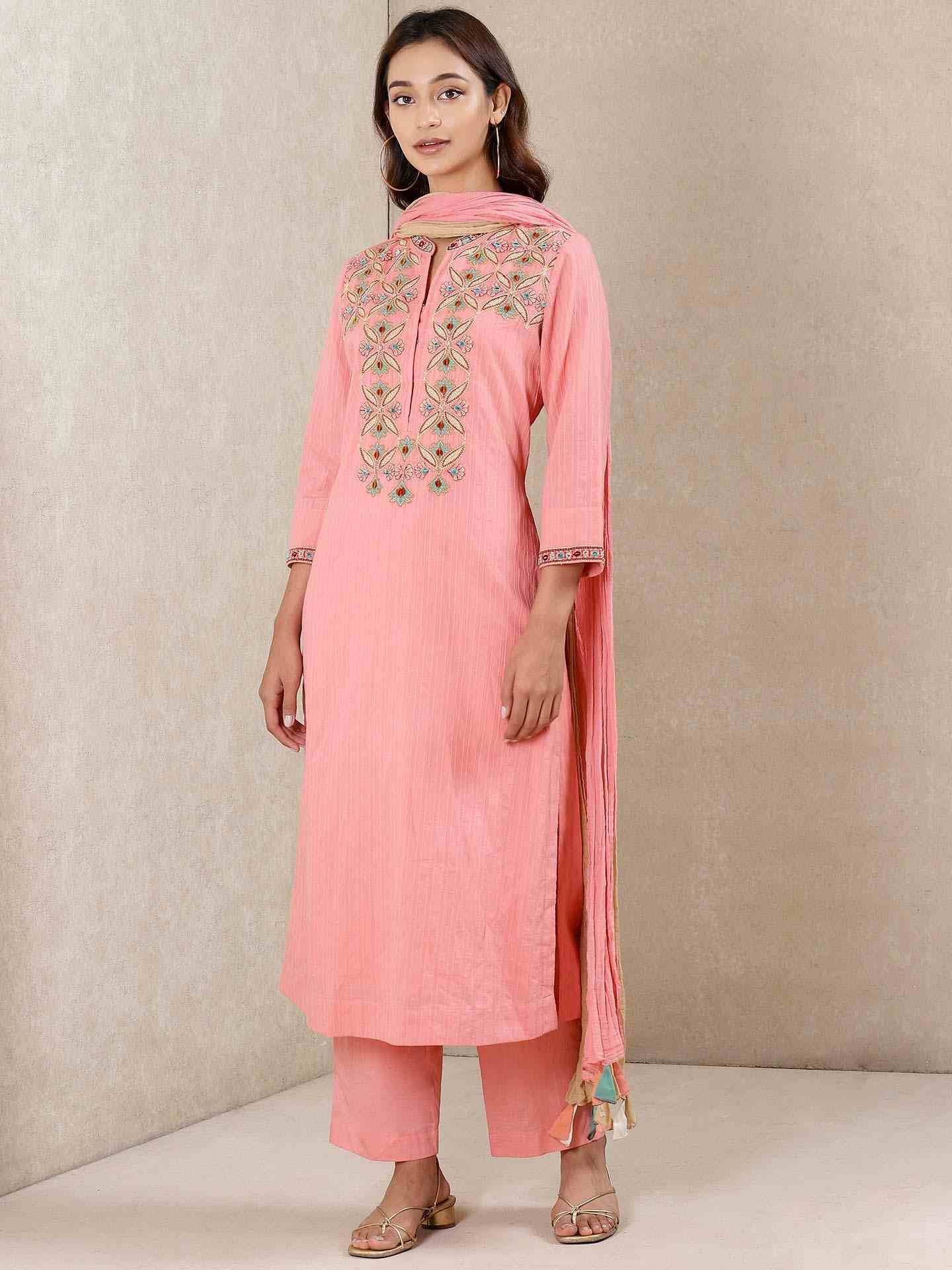 Pink Applique Flora Cotton Suit Set