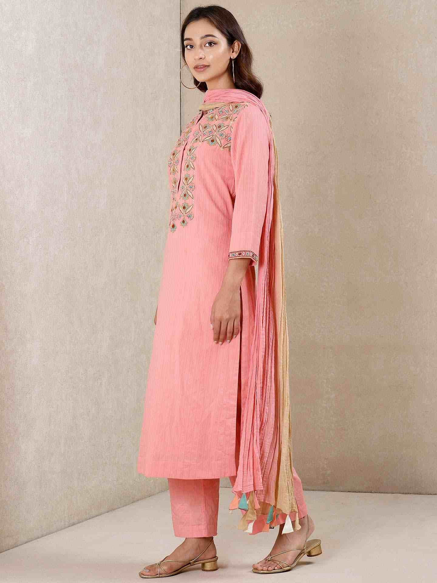 Pink Applique Flora Cotton Suit Set