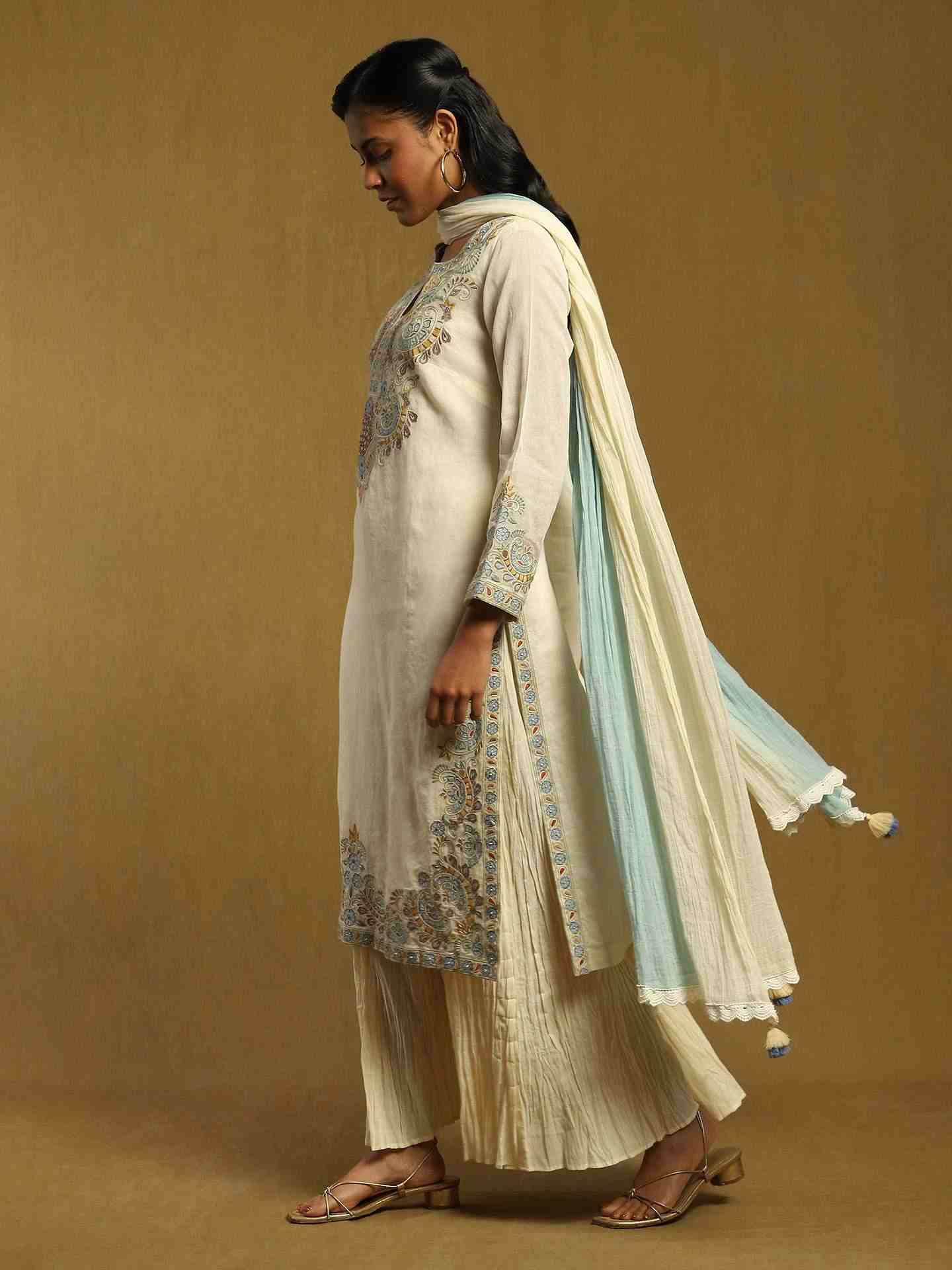 Off White Patch Floral Cotton Sharara Set