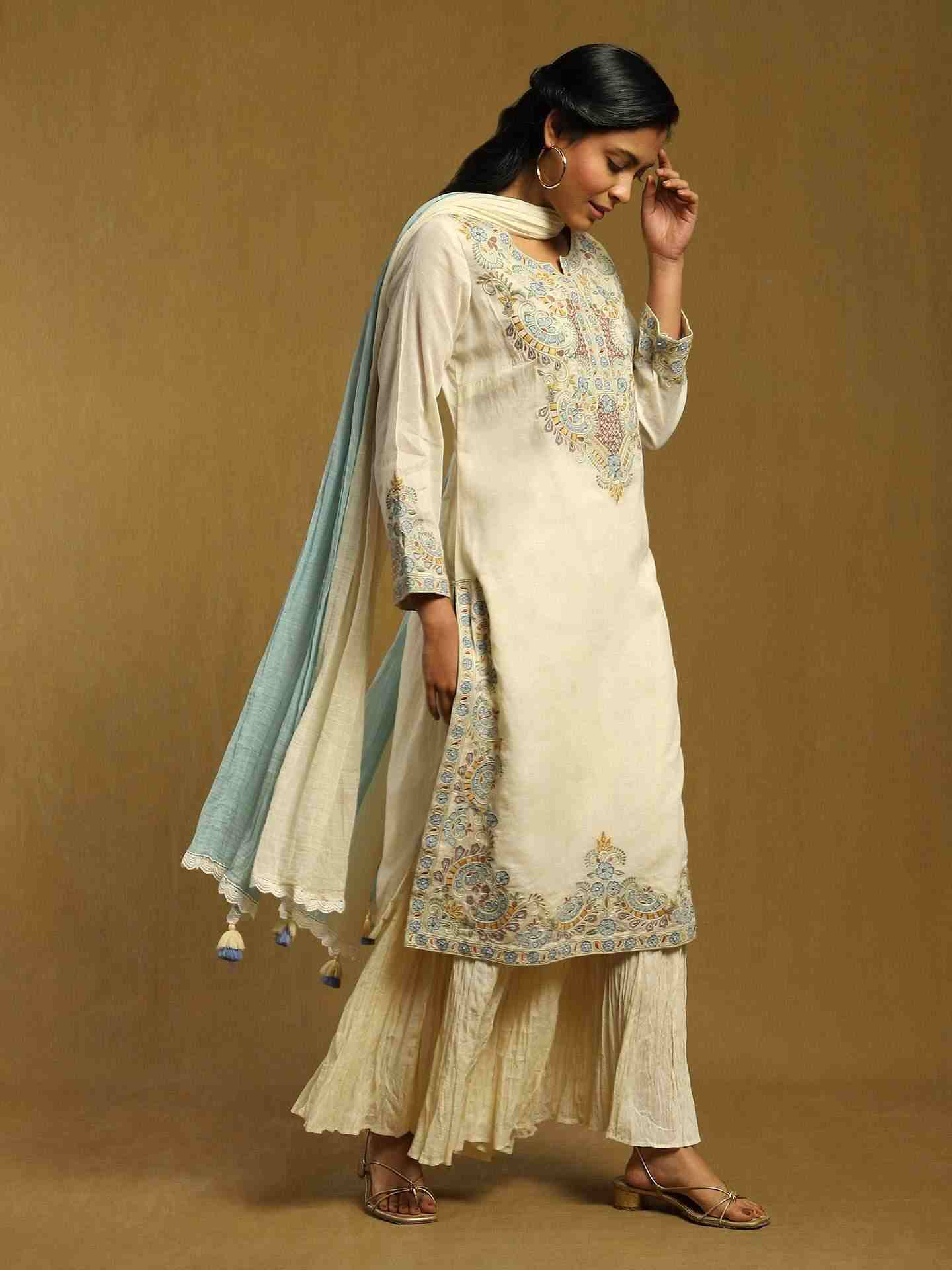 Off White Patch Floral Cotton Sharara Set