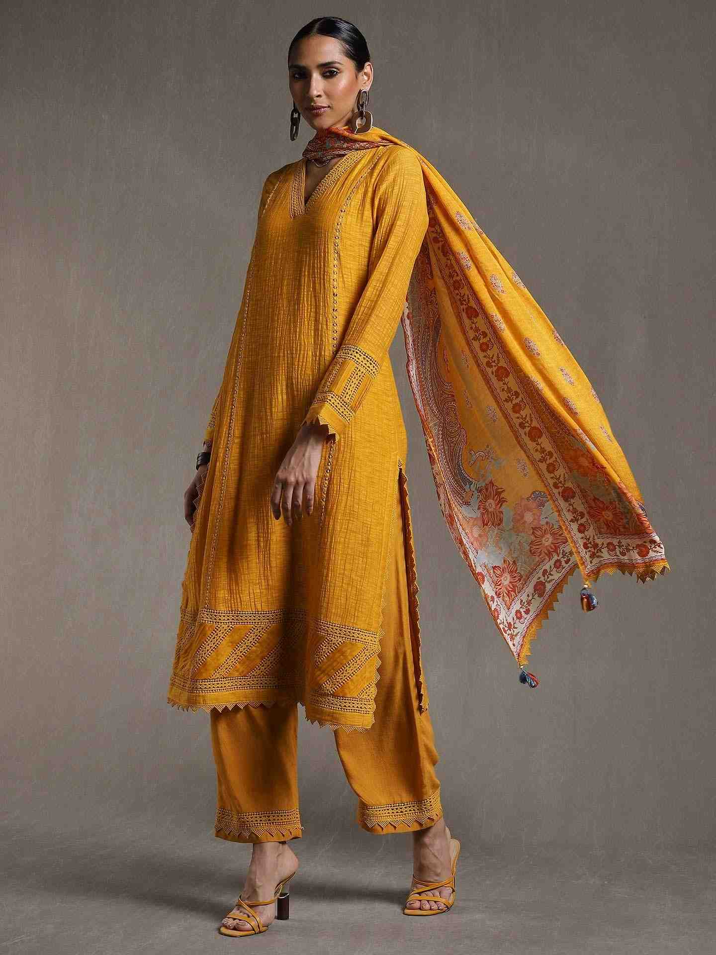 Yellow Erham Chanderi Suit Set