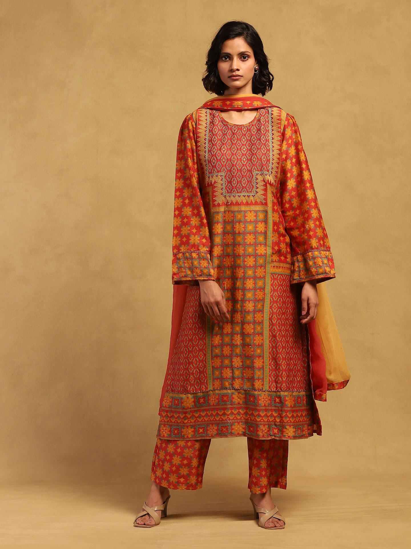 Red Phulkari Suit Set