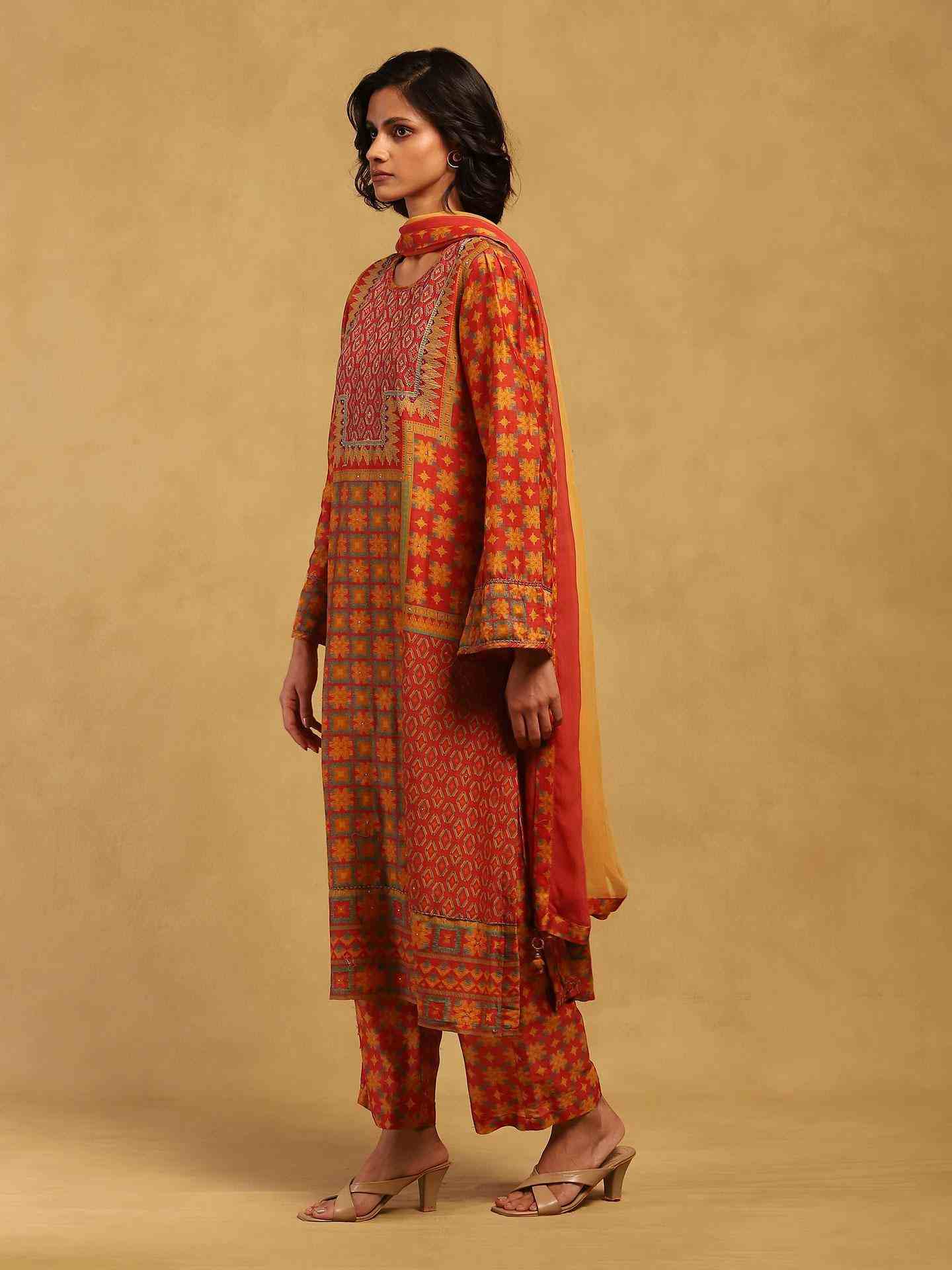 Red Phulkari Suit Set