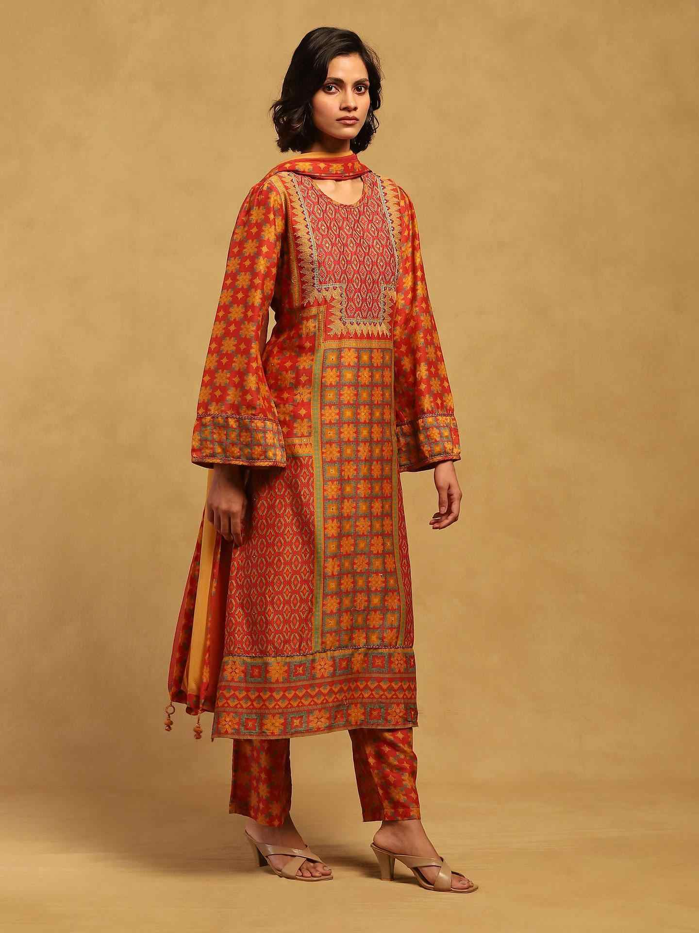 Red Phulkari Suit Set