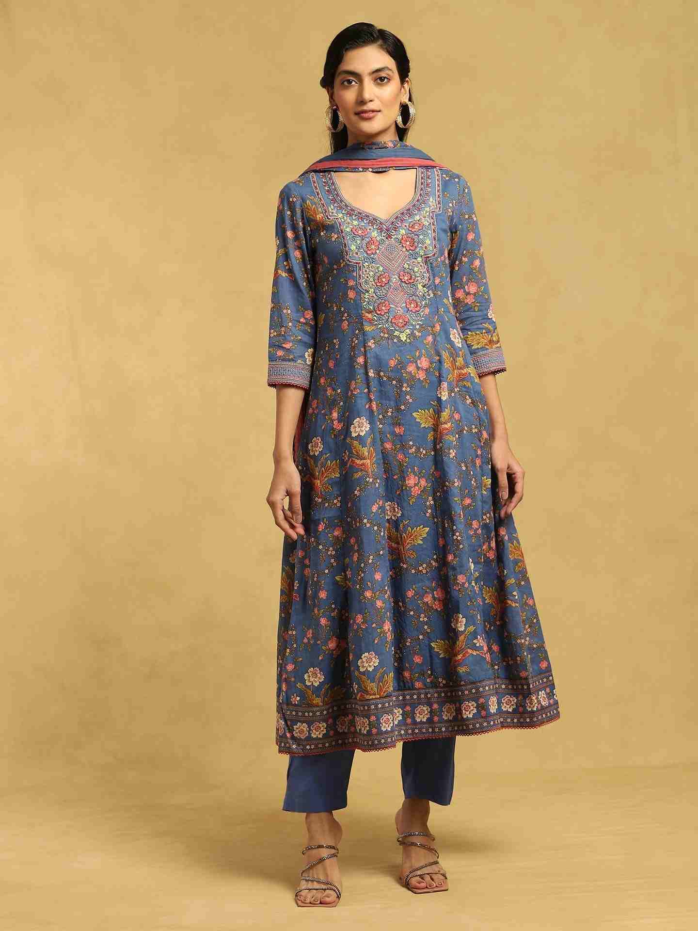Blue Greece Cotton Anarkali Suit Set