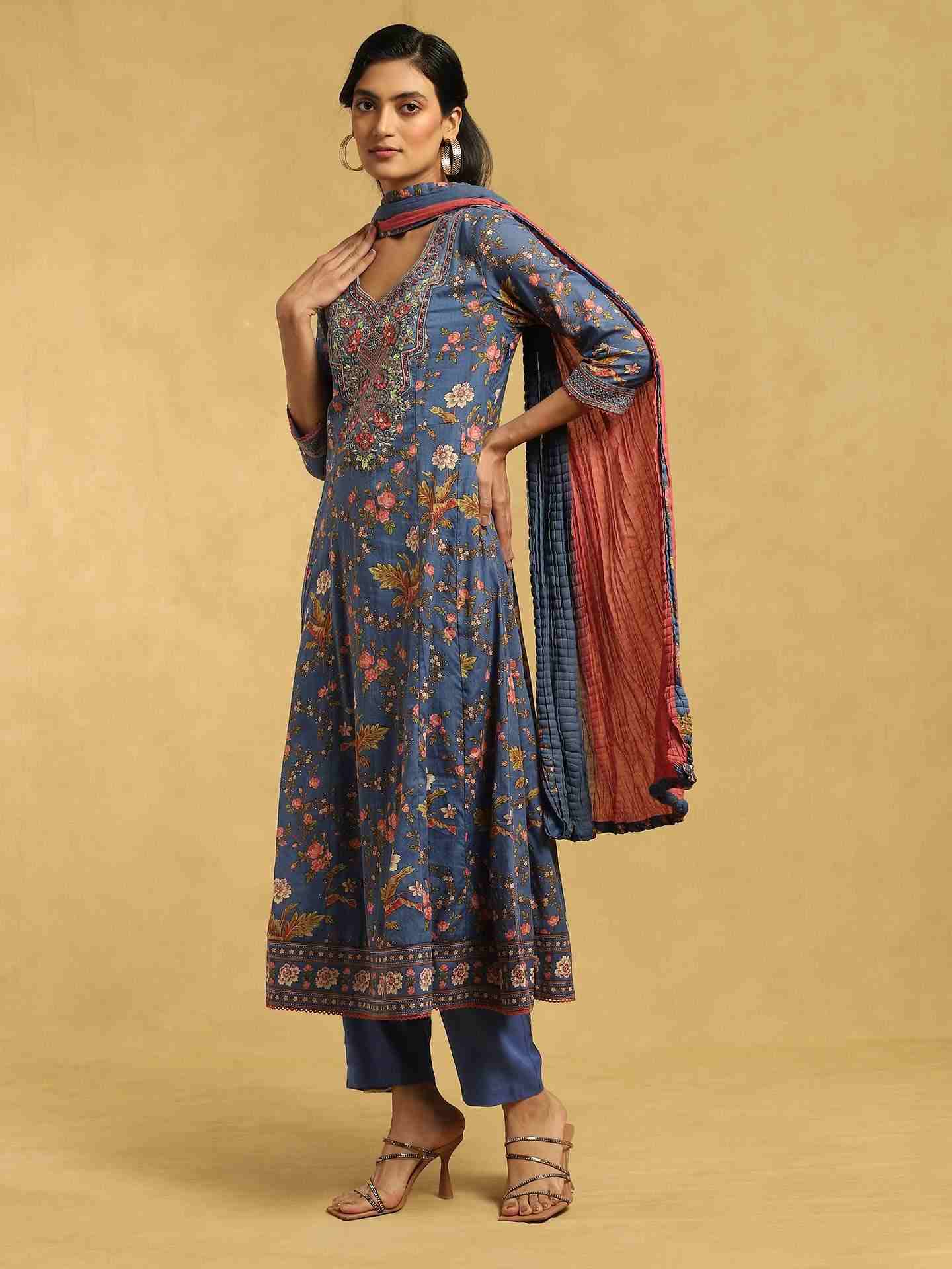 Blue Greece Cotton Anarkali Suit Set