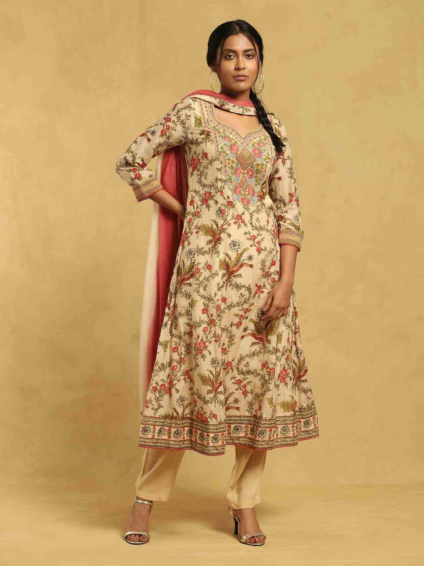 Ecru Greece Cotton Anarkali Suit Set