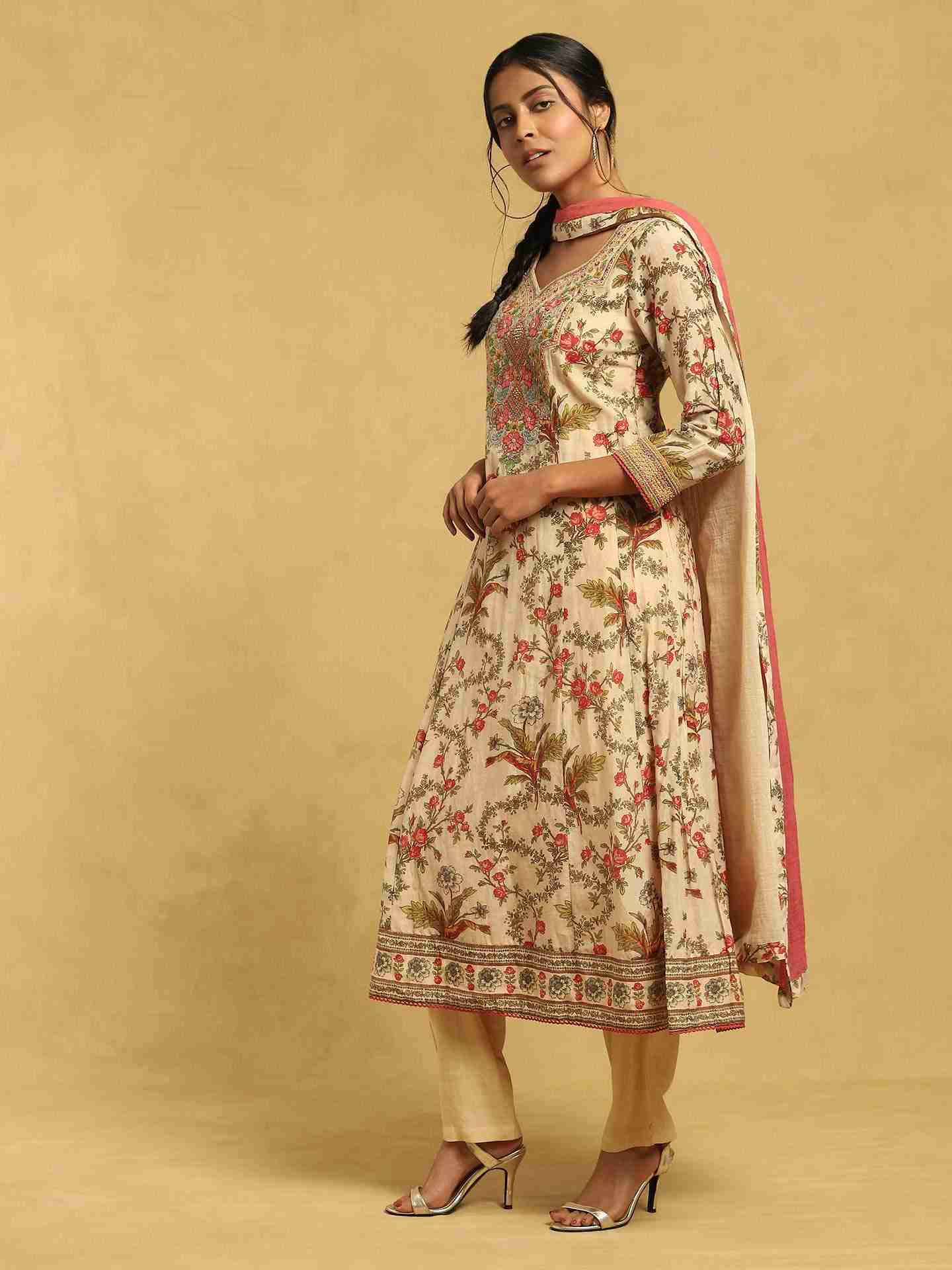 Ecru Greece Cotton Anarkali Suit Set