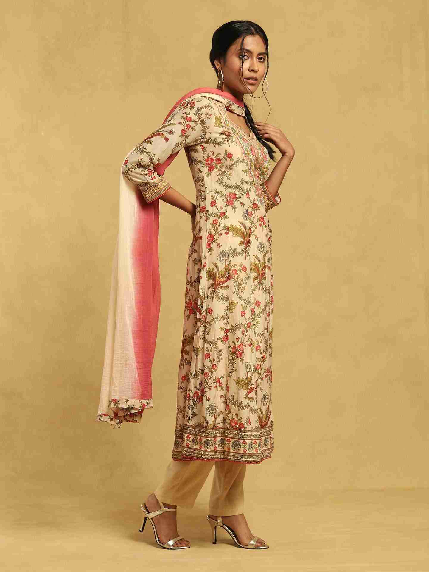 Ecru Greece Cotton Anarkali Suit Set