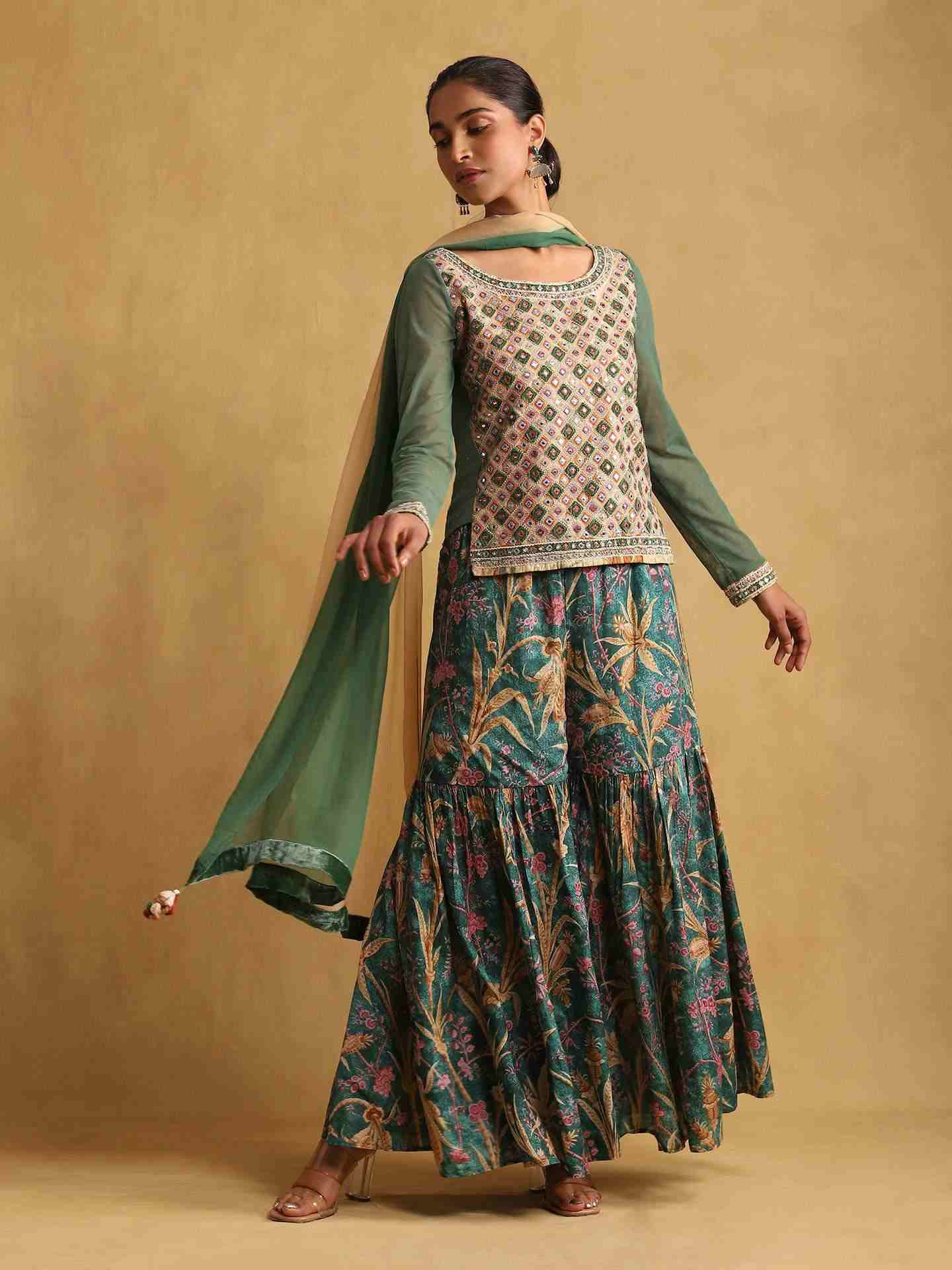 Green Julia Solid Cotton Sharara Set