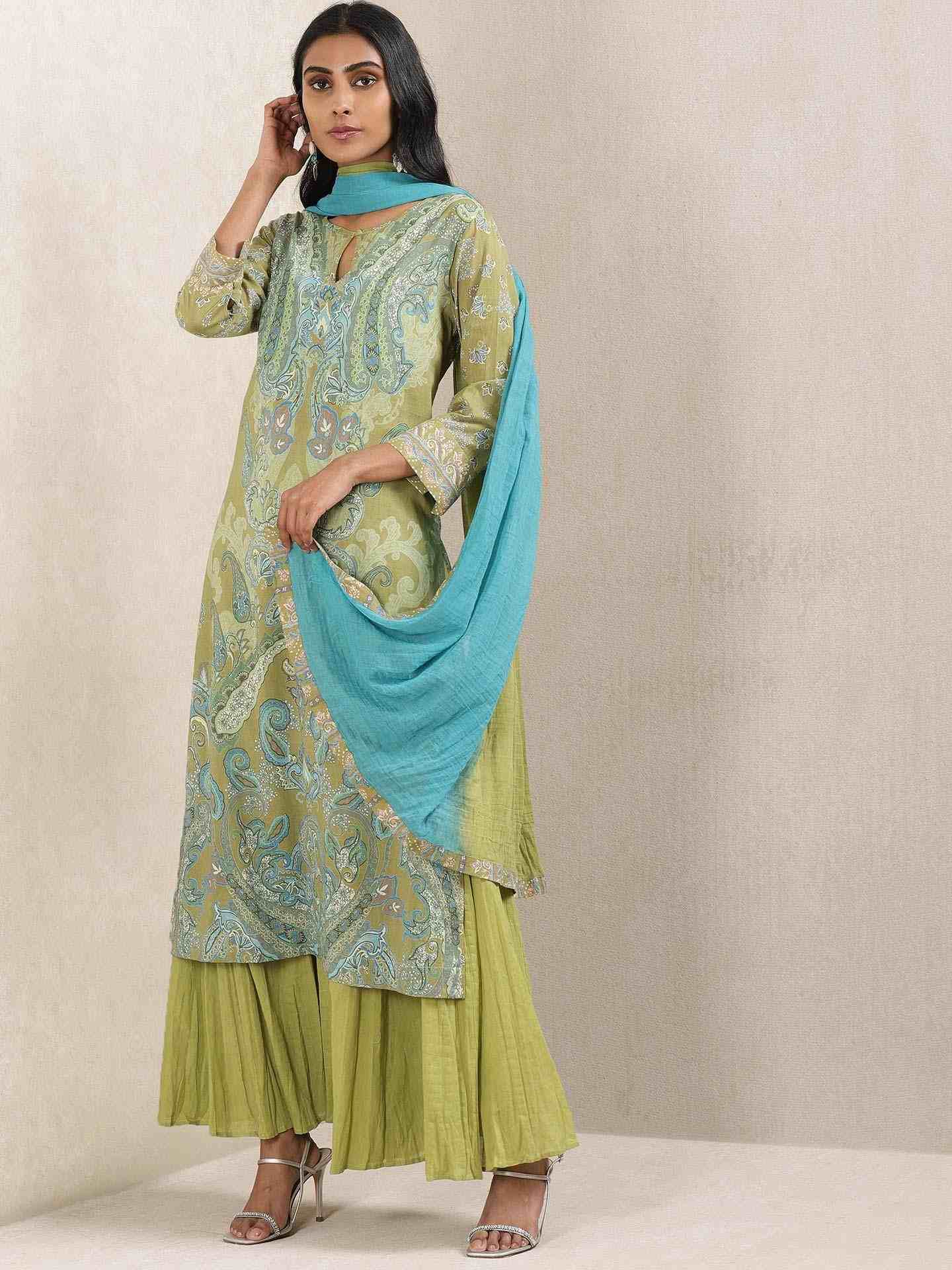 Green Meriyum Cotton Sharara Set