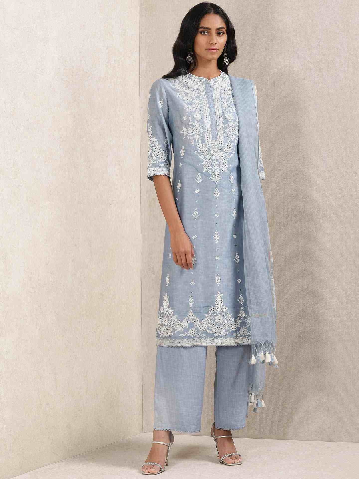 Blue Phillauri Chanderi Suit Set