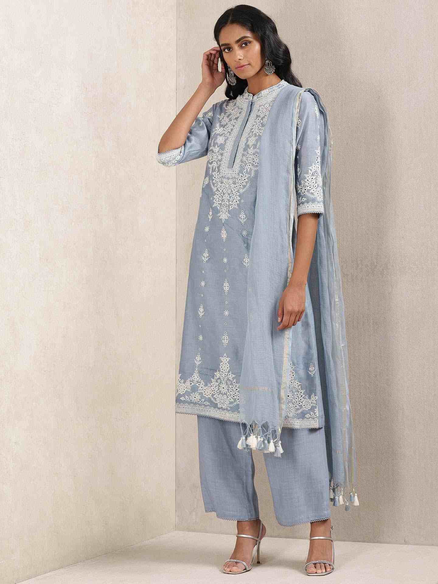 Blue Phillauri Chanderi Suit Set