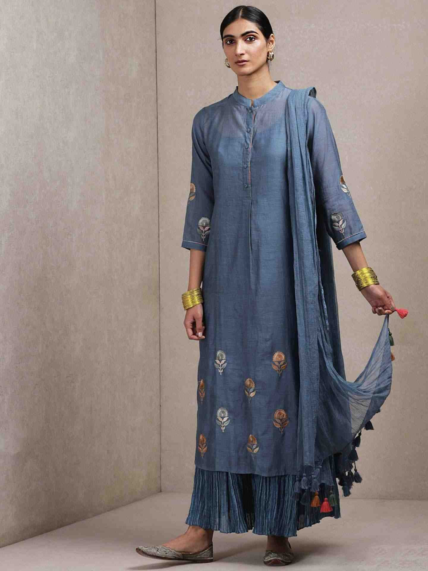Denim Blue Mughal Butta Chanderi Sharara Set