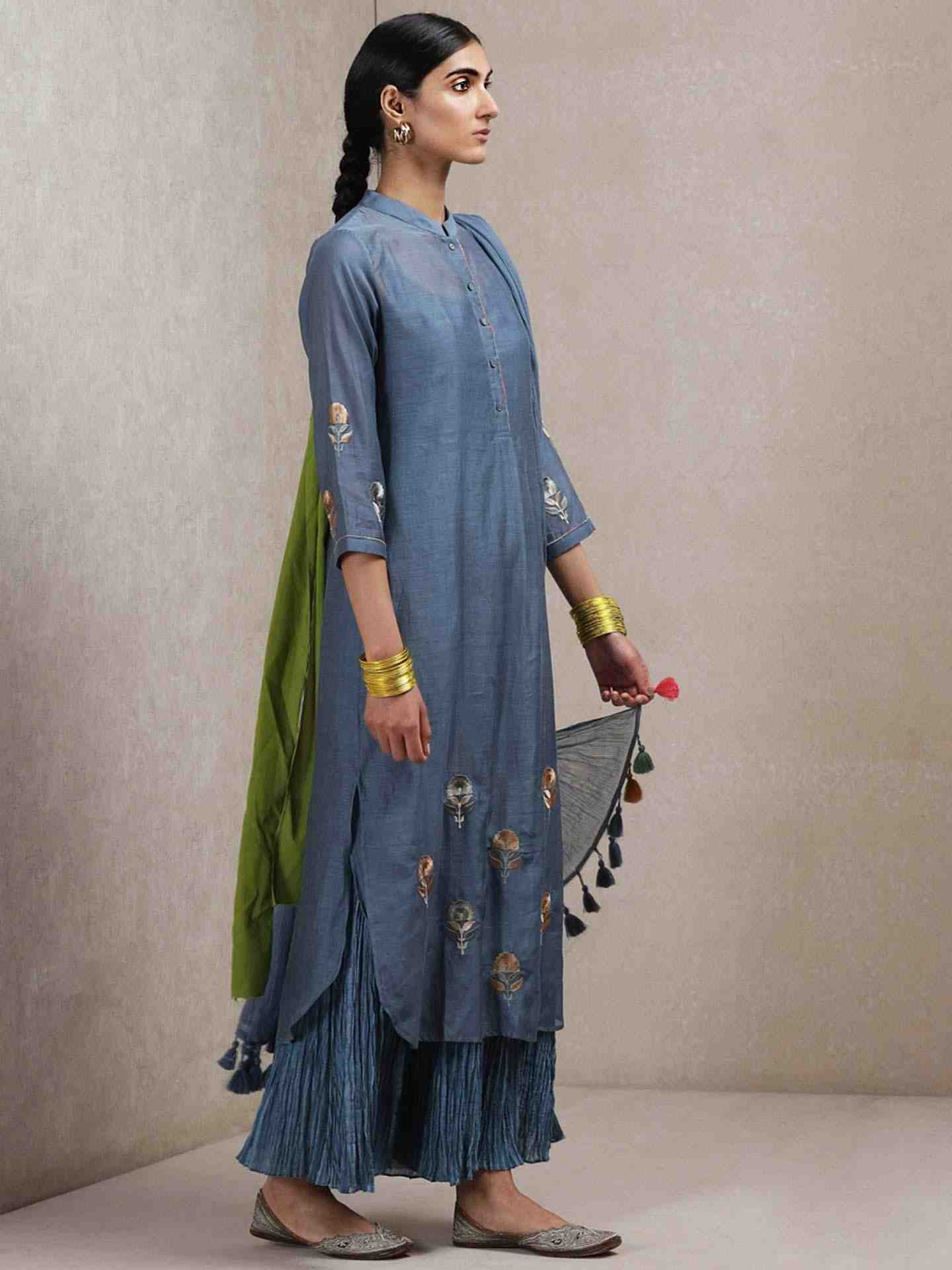 Denim Blue Mughal Butta Chanderi Sharara Set