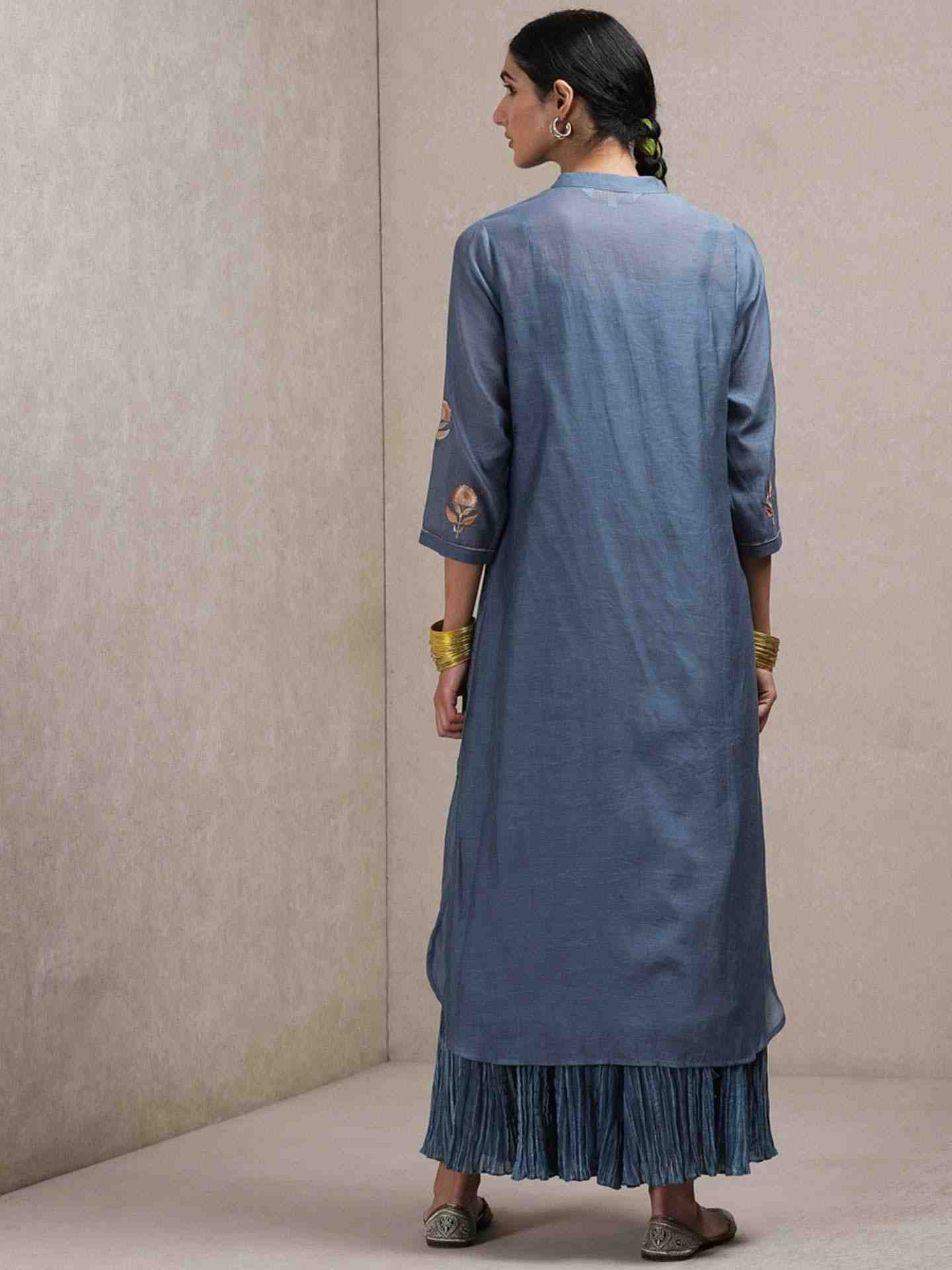 Denim Blue Mughal Butta Chanderi Sharara Set